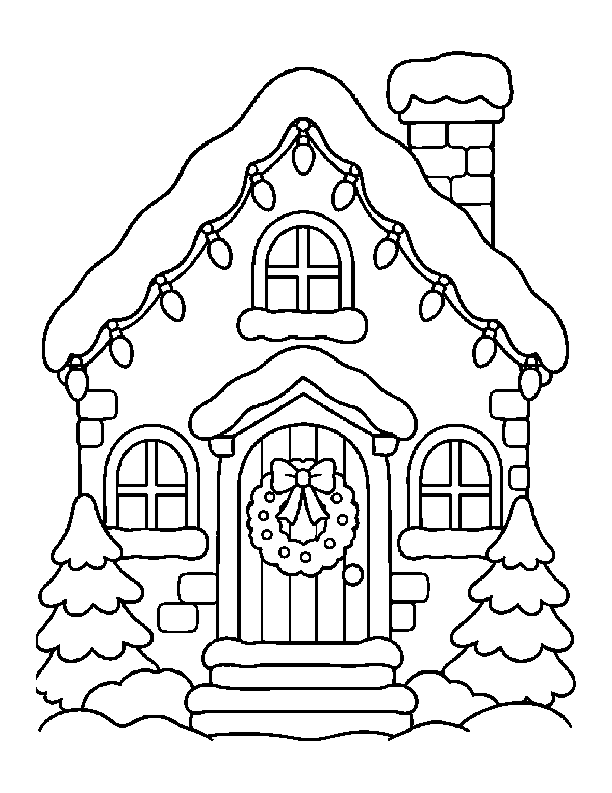 Coloring page of a snowy cottage with lights, arched windows, a chimney, trees, and a wreath on the door