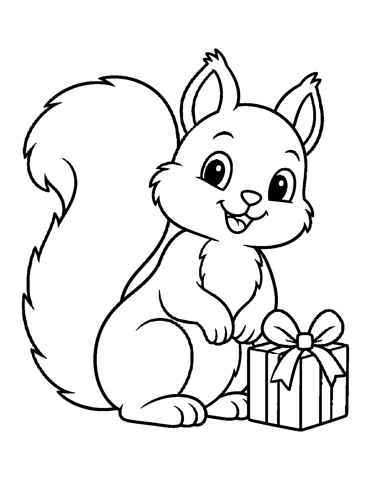Coloring page of a smiling squirrel sitting beside a small wrapped present with a bow