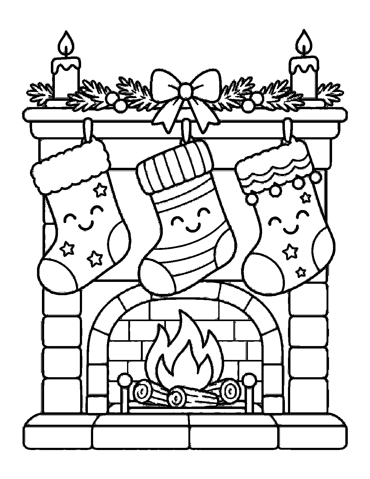Coloring page of three smiling Christmas stockings hanging from a decorated fireplace mantel