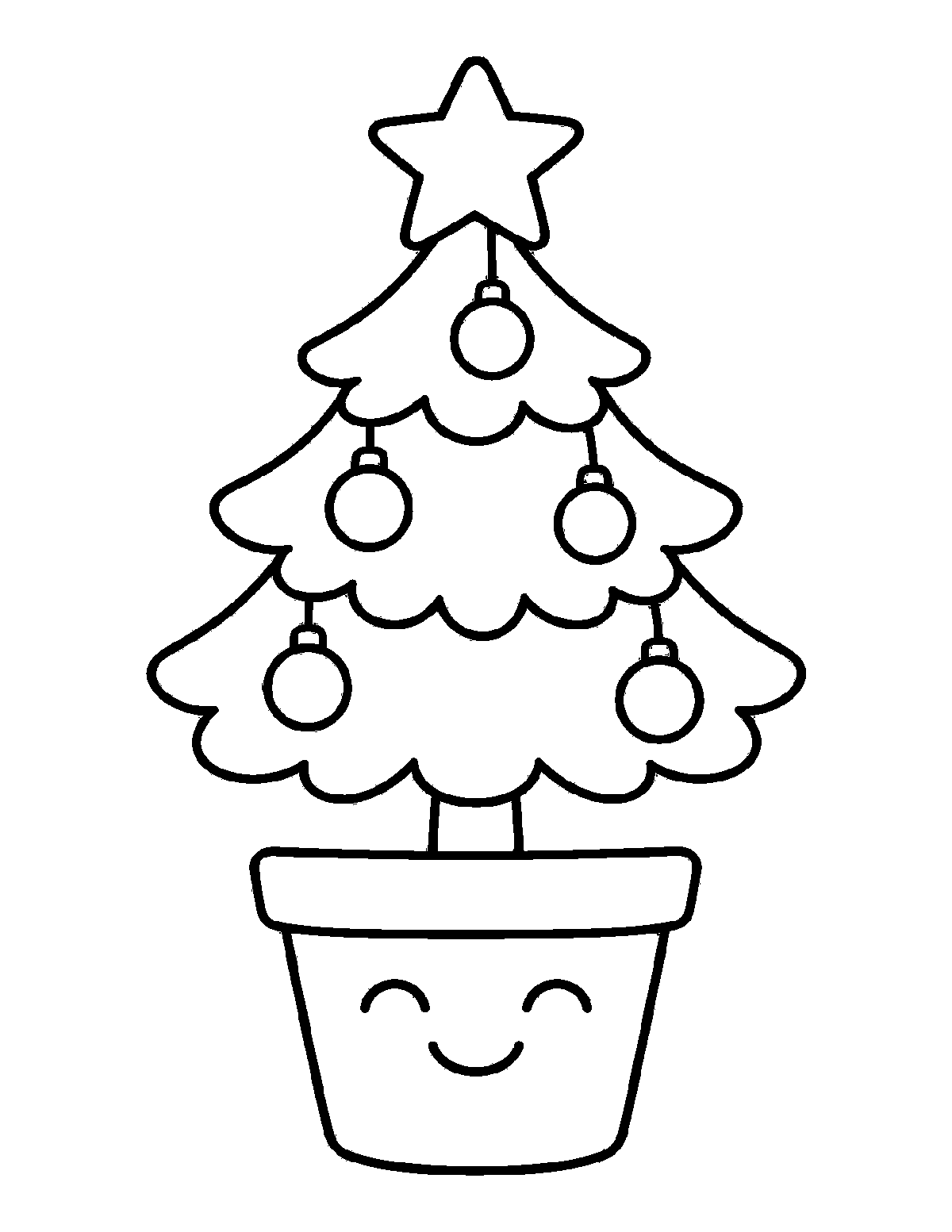 Coloring page of a small Christmas tree with a star and ornaments growing in a smiling flower pot