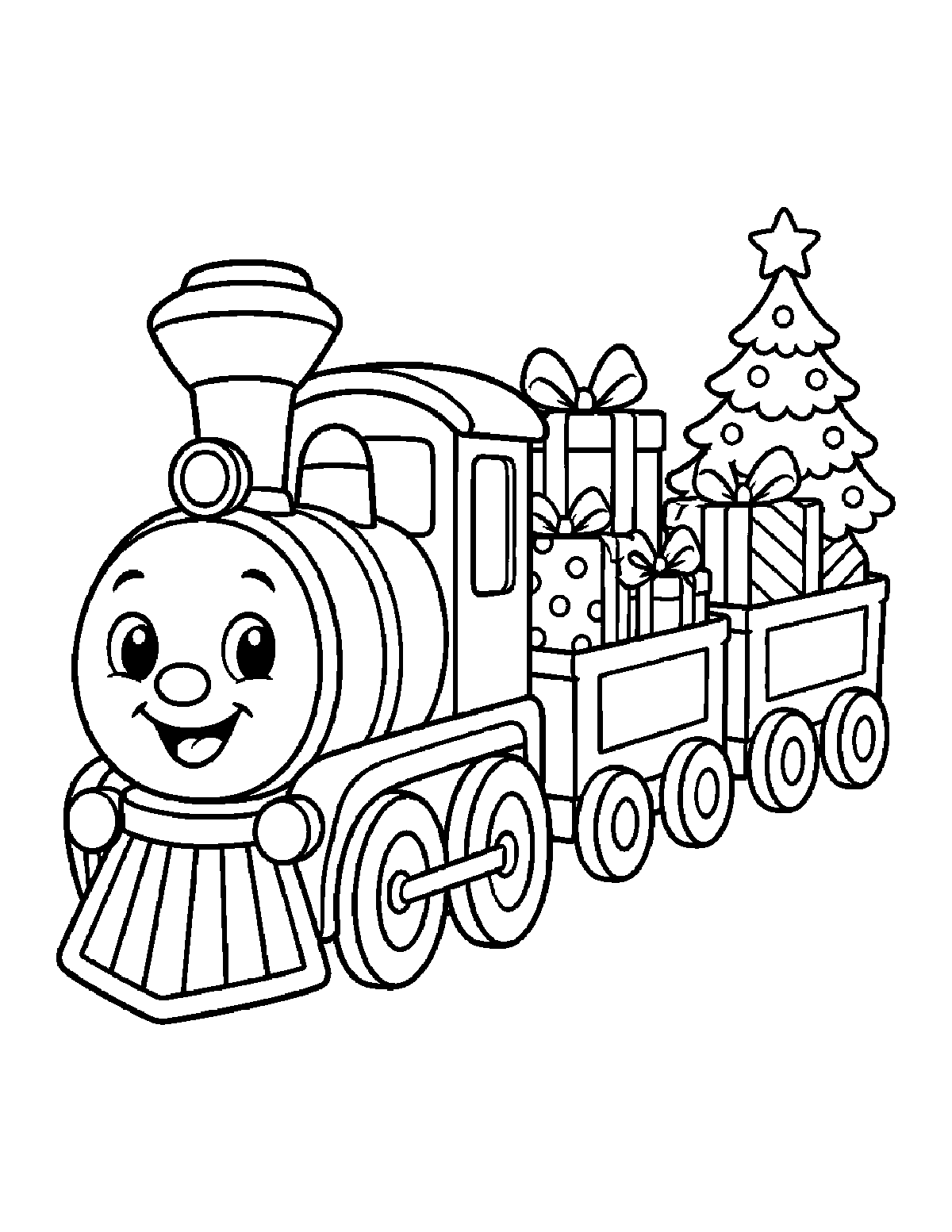 Coloring page of a smiling toy train pulling presents and a small decorated tree