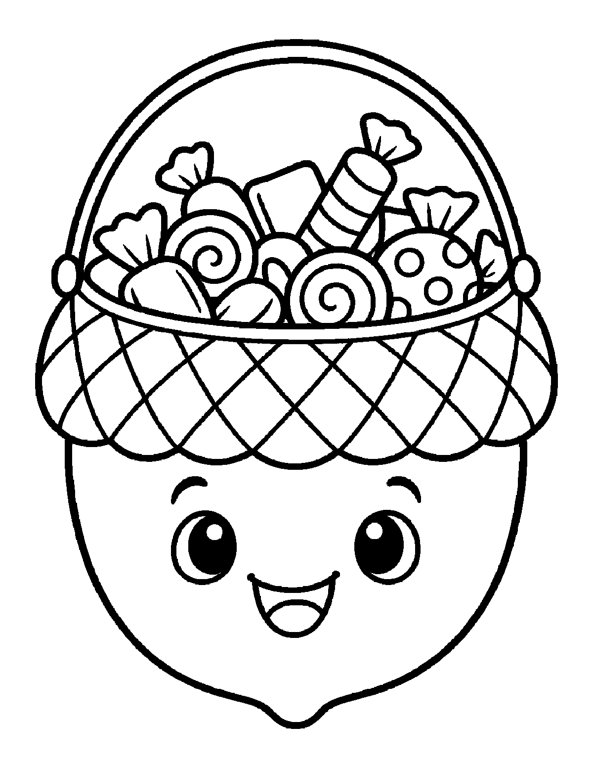 Coloring page of a smiling acorn-shaped candy bucket filled with wrapped treats