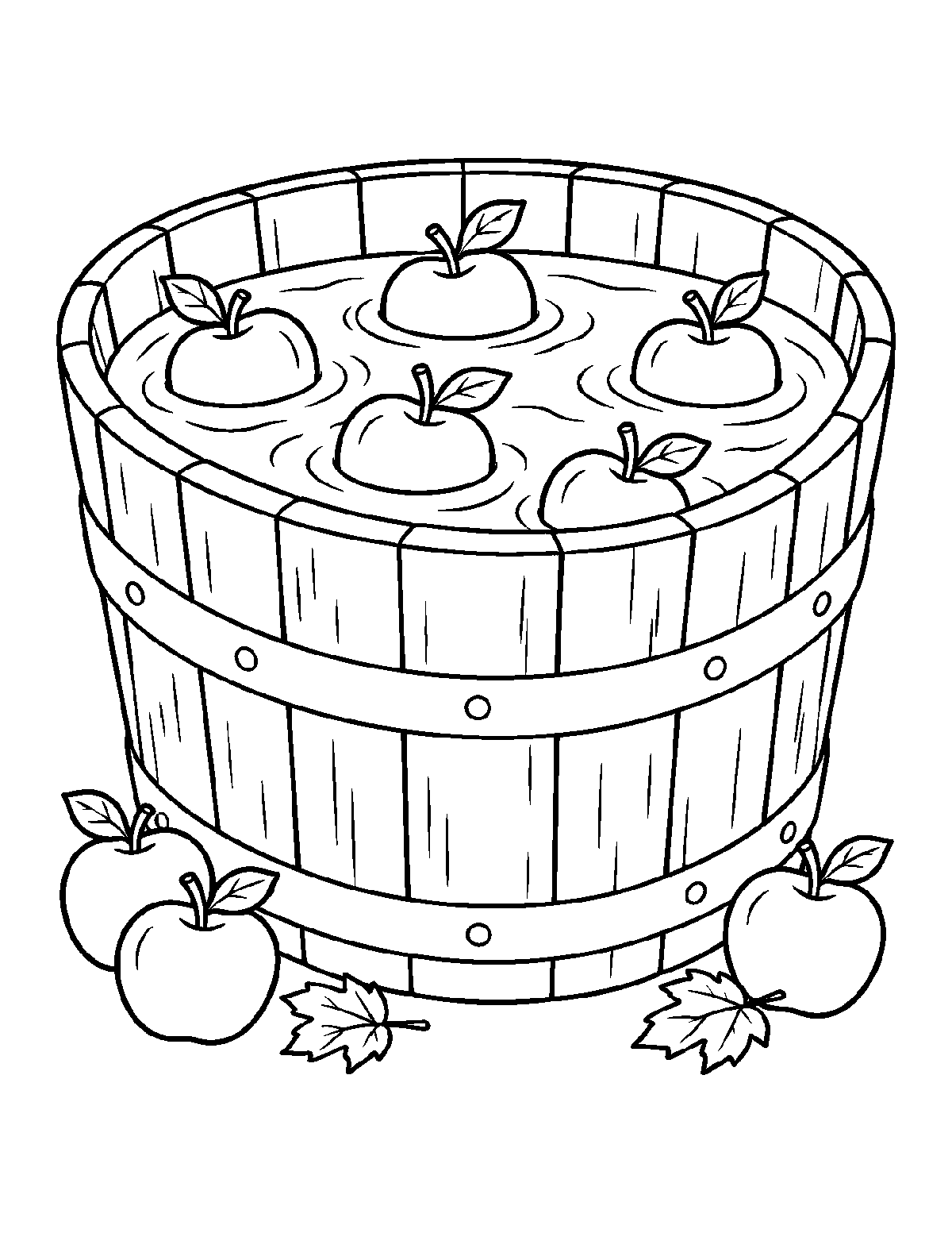 Coloring page of apples floating in a wooden tub of water with apples and leaves on the ground