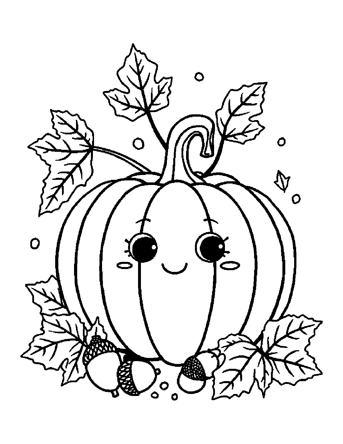 Coloring page of a cute smiling pumpkin surrounded by autumn leaves and acorns
