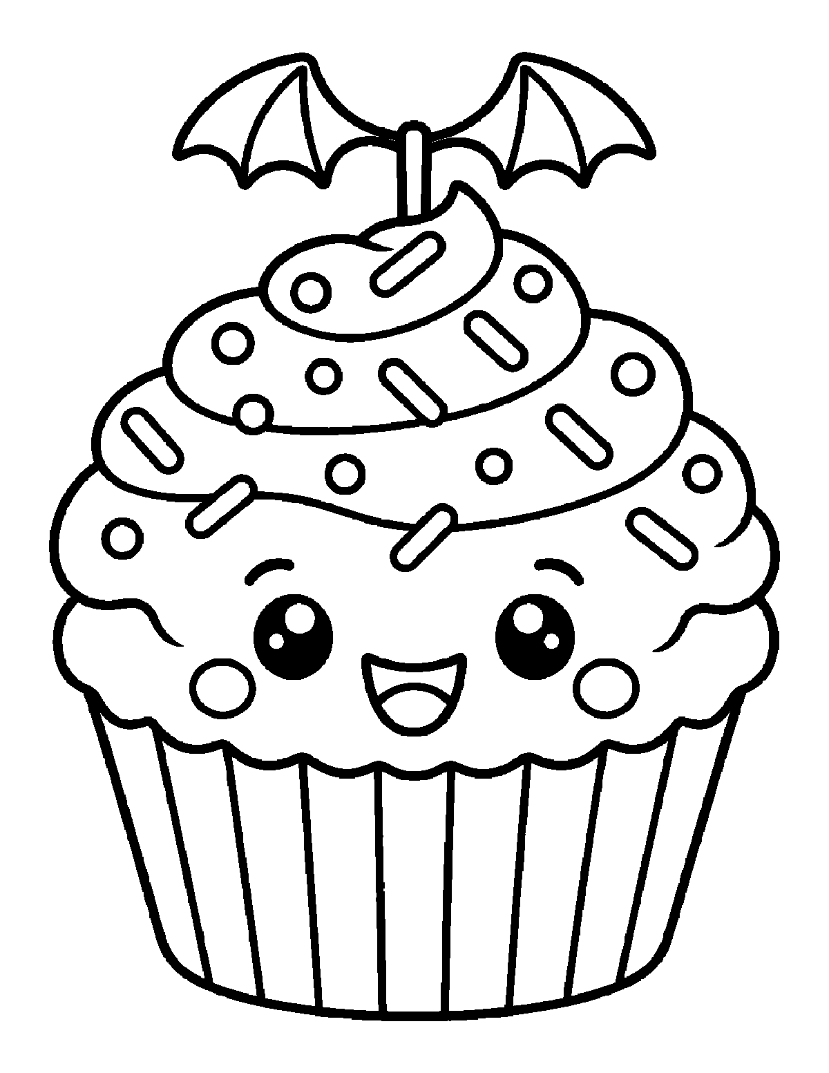 Coloring page of a smiling cupcake with frosting, sprinkles, and bat wings on top