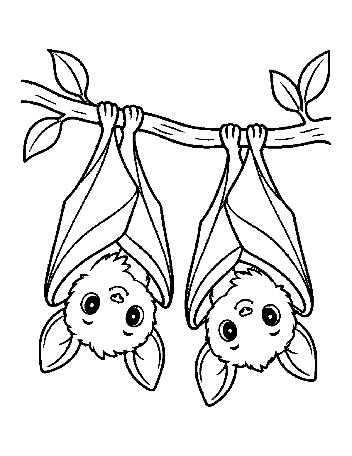 Coloring page of two fuzzy baby bats hanging upside down from a leafy branch