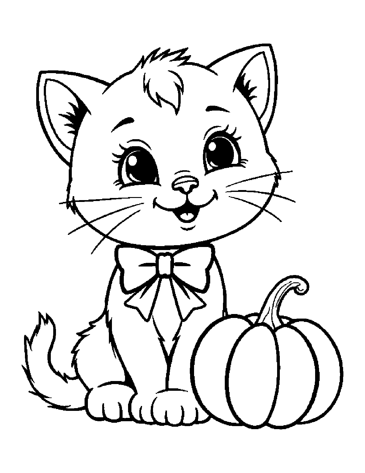 Coloring page of a smiling kitten wearing a bow tie next to a small pumpkin