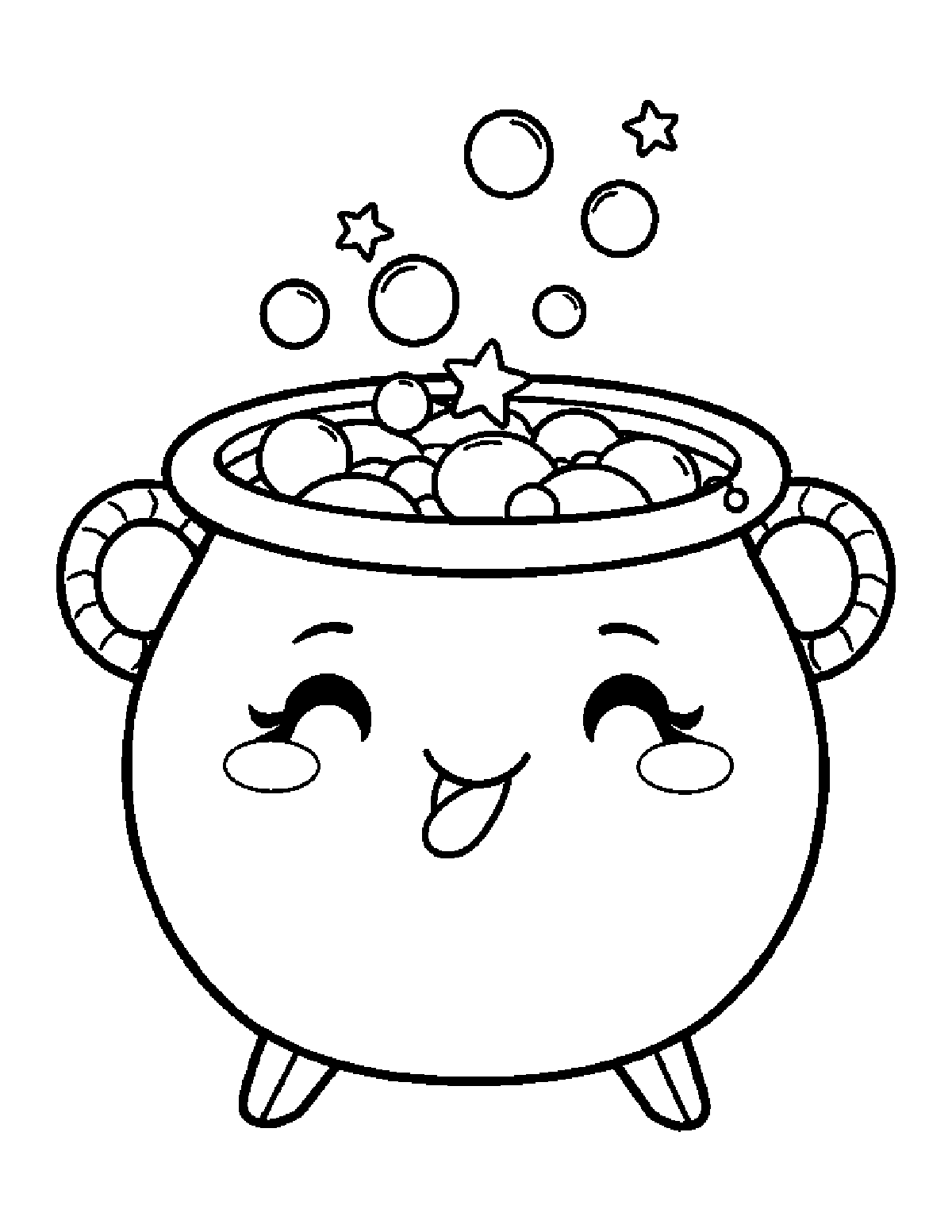 Coloring page of a round, smiling cauldron with bubbles and stars rising out of it