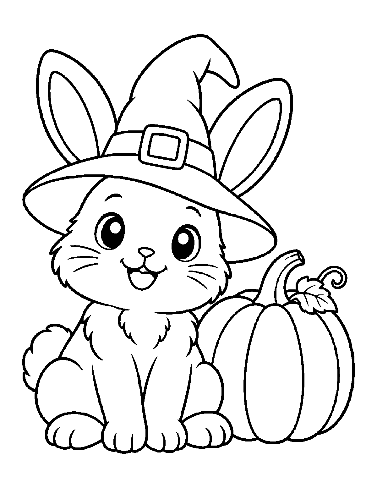 Coloring page of a smiling bunny wearing a witch hat beside a large pumpkin
