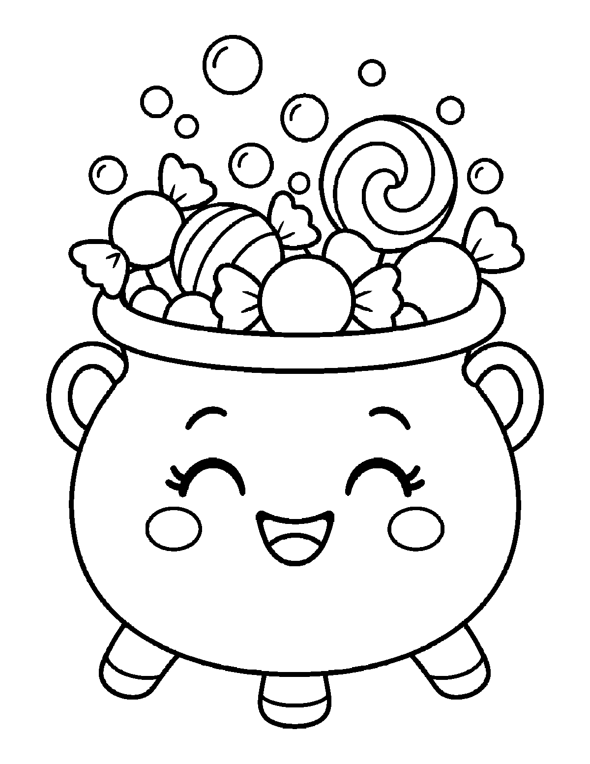 Coloring page of a smiling cauldron filled with candy and bubbles