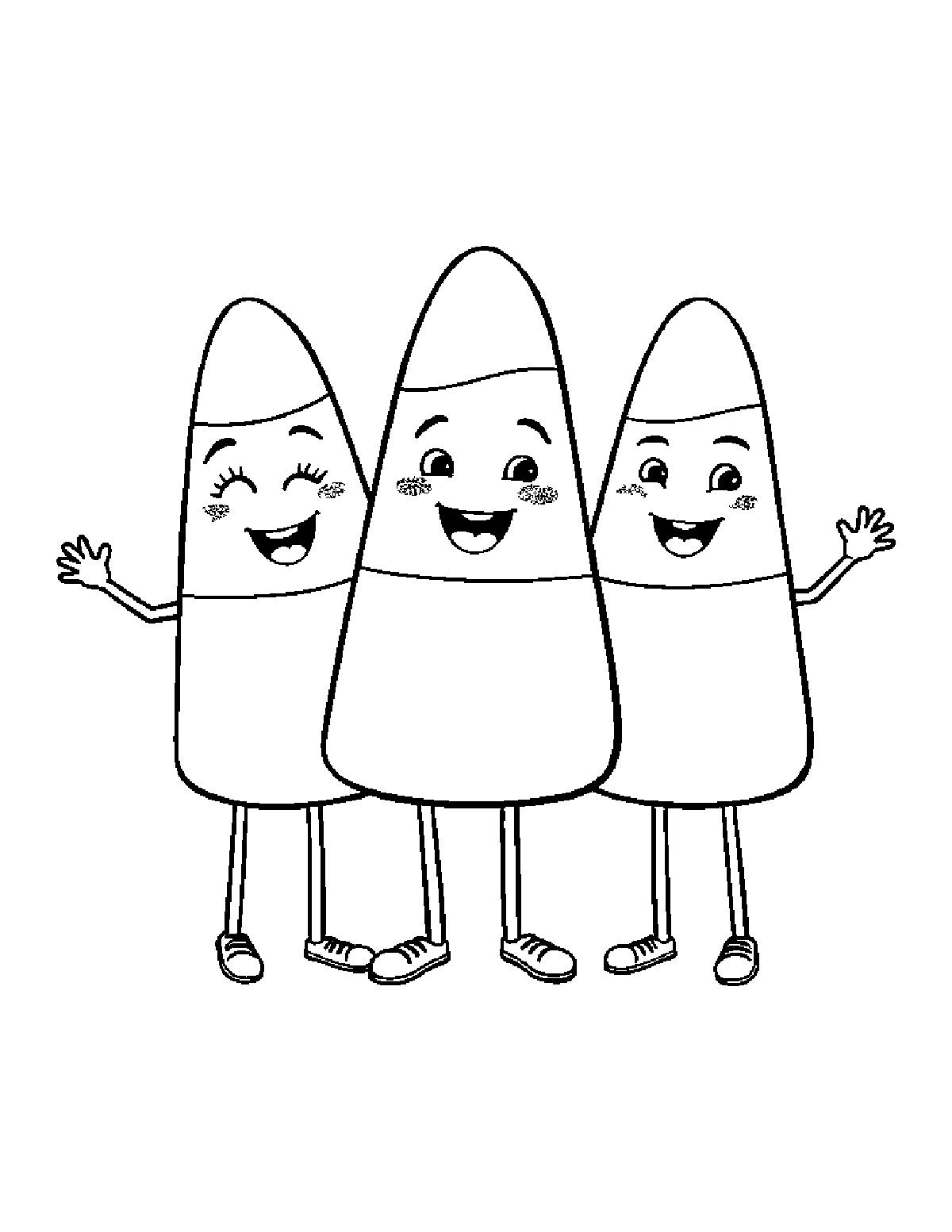 Coloring page of three smiling candy corn characters standing side by side
