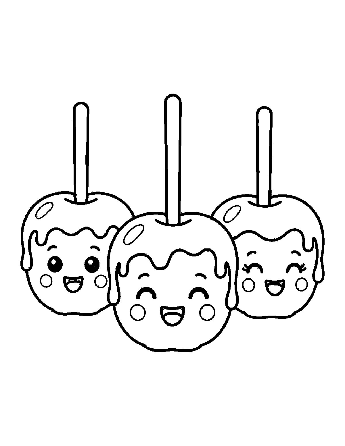 Coloring page of three smiling caramel apples on sticks with drippy topping and cheek circles