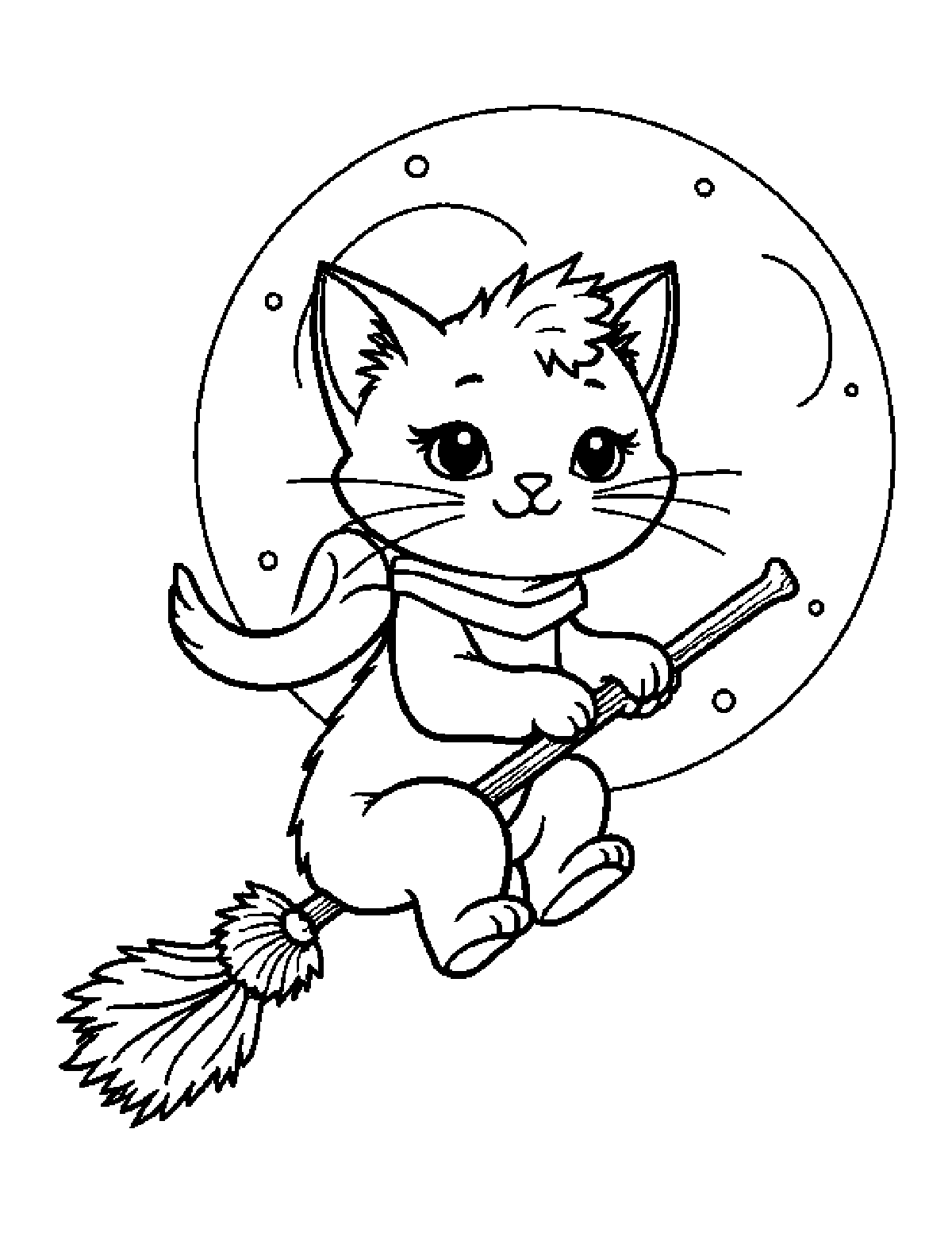 Coloring page of a kitten riding a broomstick in front of a big round moon