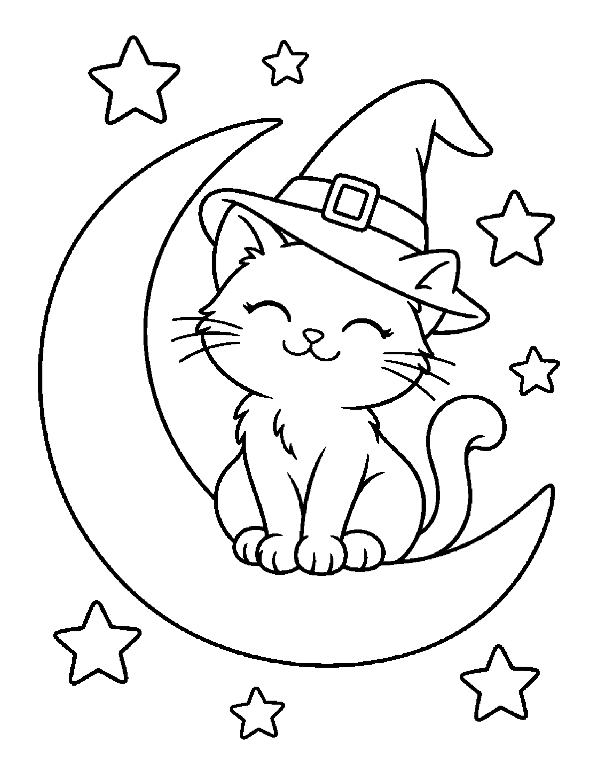 Coloring page of a smiling cat wearing a witch hat sitting on a crescent moon with stars