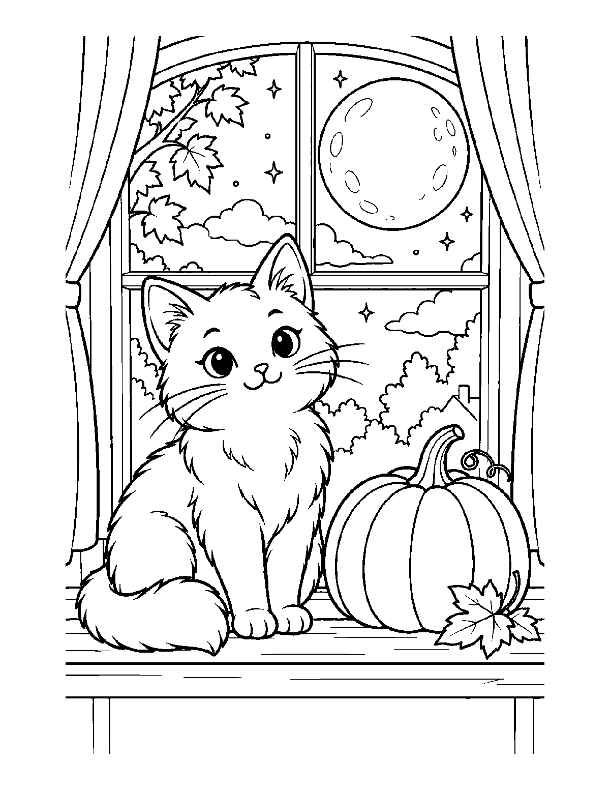 Coloring page of a fluffy cat sitting on a window sill beside a pumpkin with the moon and stars outside