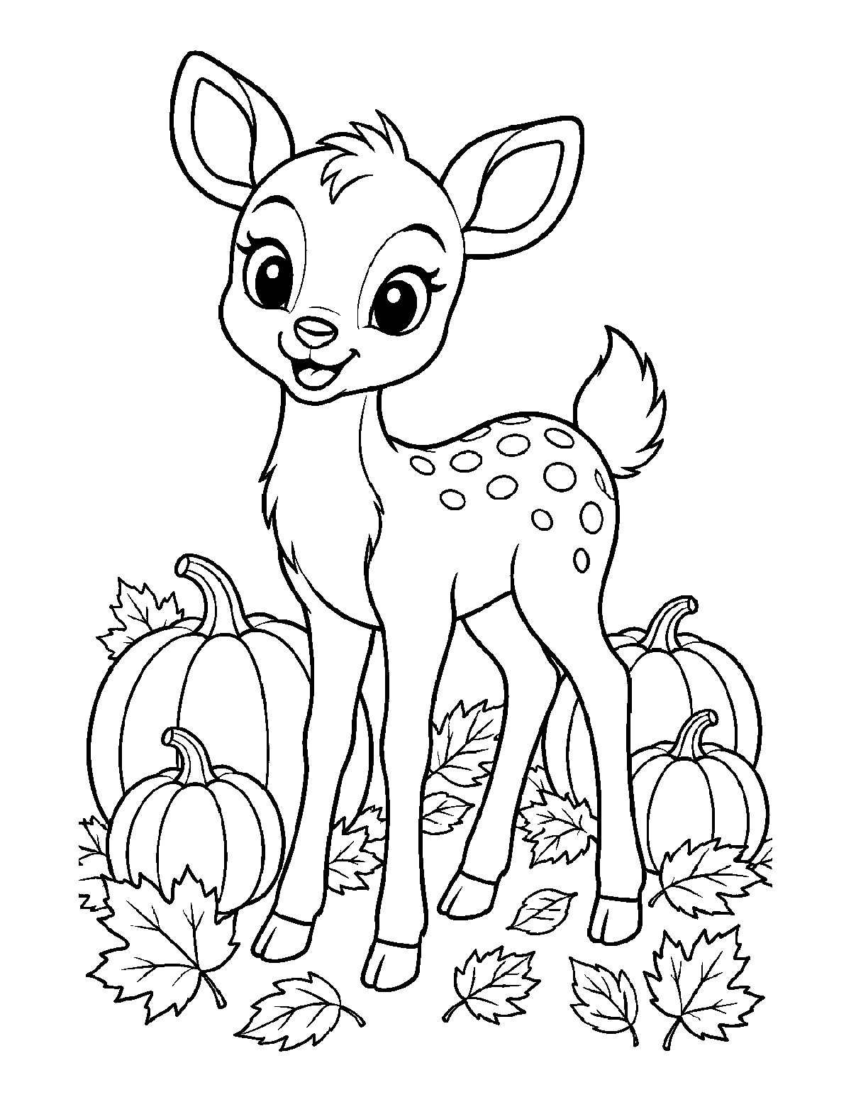 Coloring page of a smiling baby deer standing among pumpkins and autumn leaves