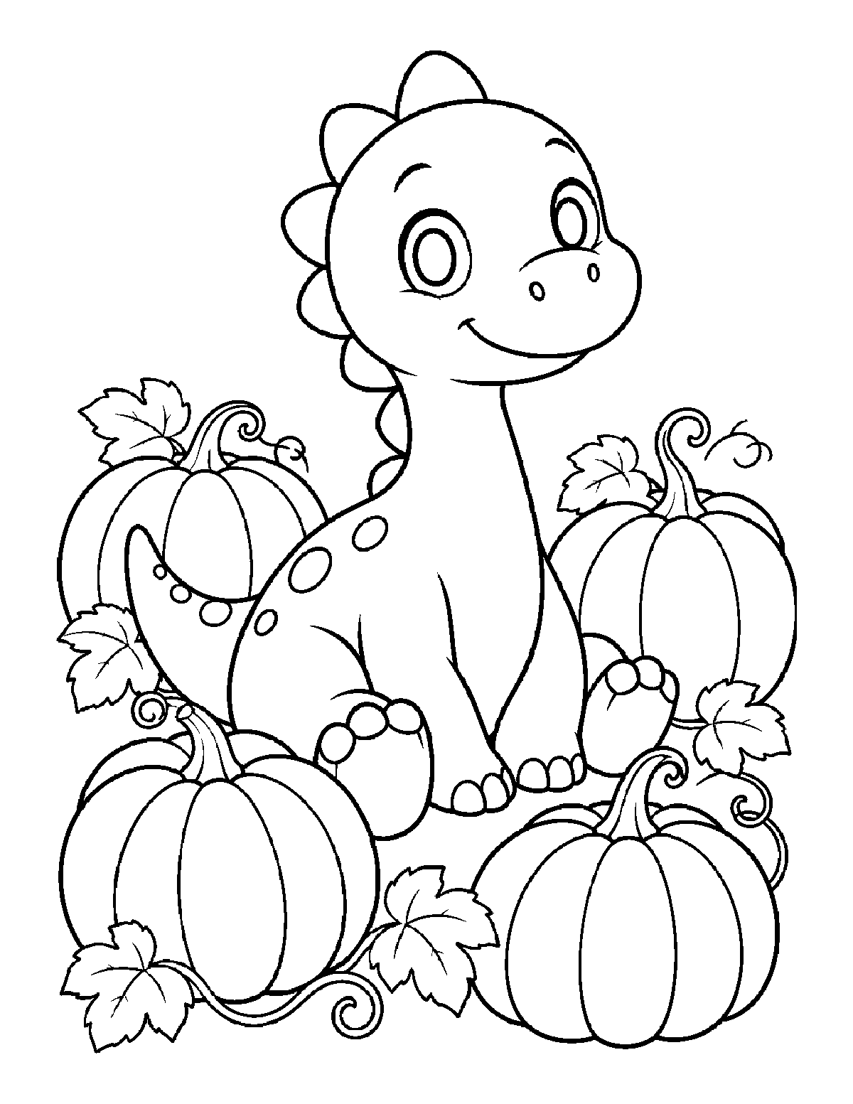 Coloring page of a smiling baby dinosaur sitting among pumpkins, leaves, and curly vines