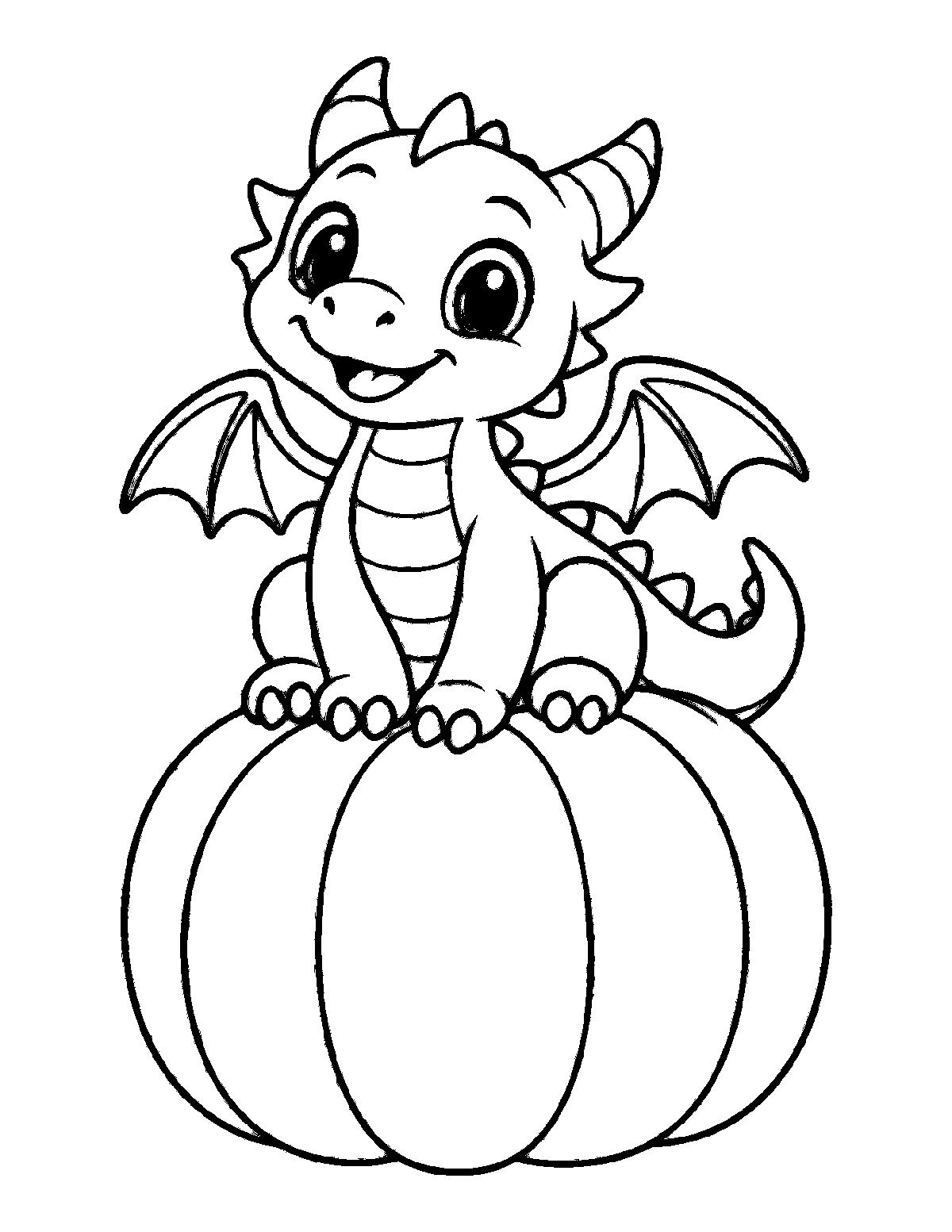 Coloring page of a smiling baby dragon with small wings sitting on a large pumpkin