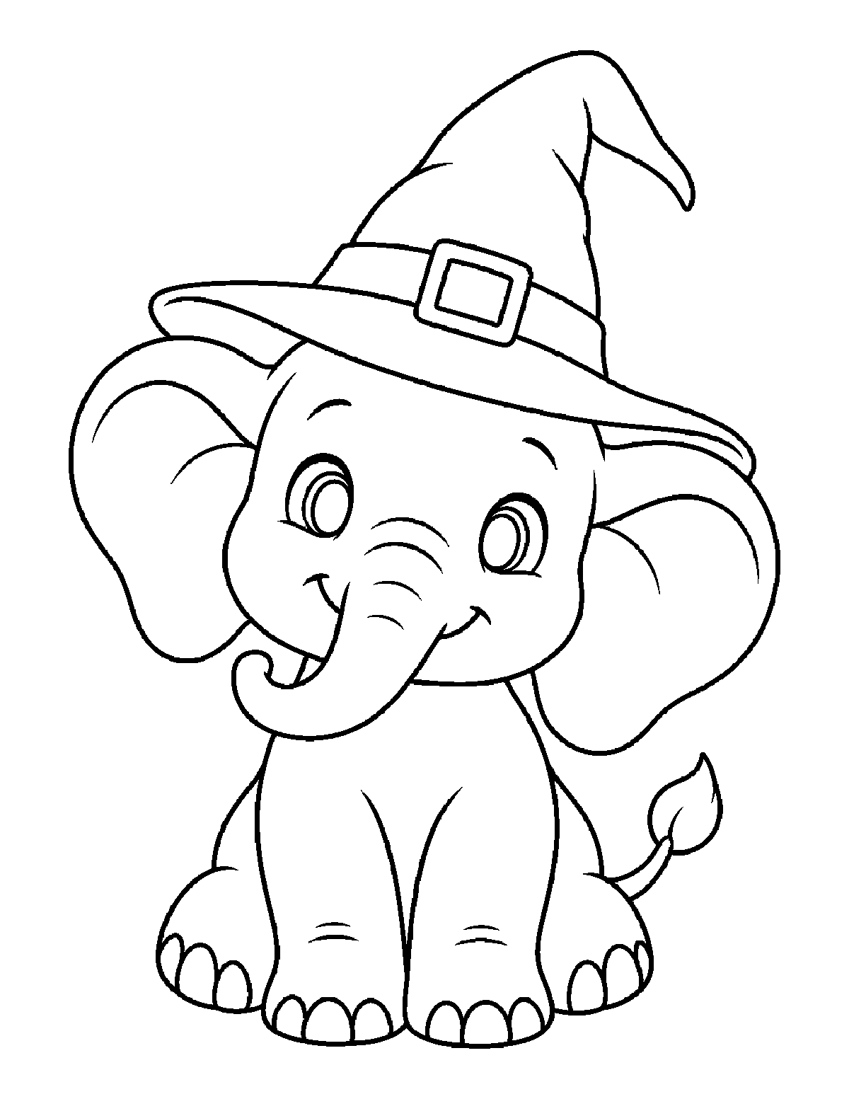 Coloring page of a smiling baby elephant wearing a pointy witch hat
