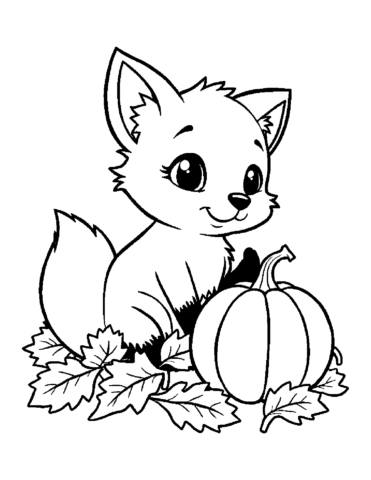 Coloring page of a baby fox sitting in a pile of autumn leaves next to a small pumpkin