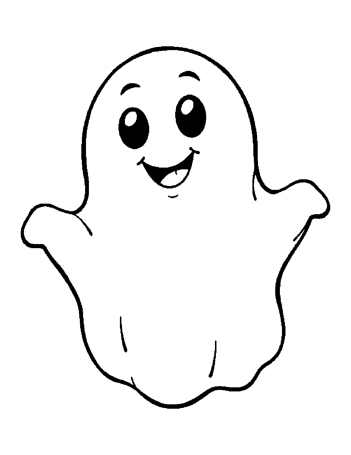 Coloring page of a round, smiling ghost with soft rounded arms
