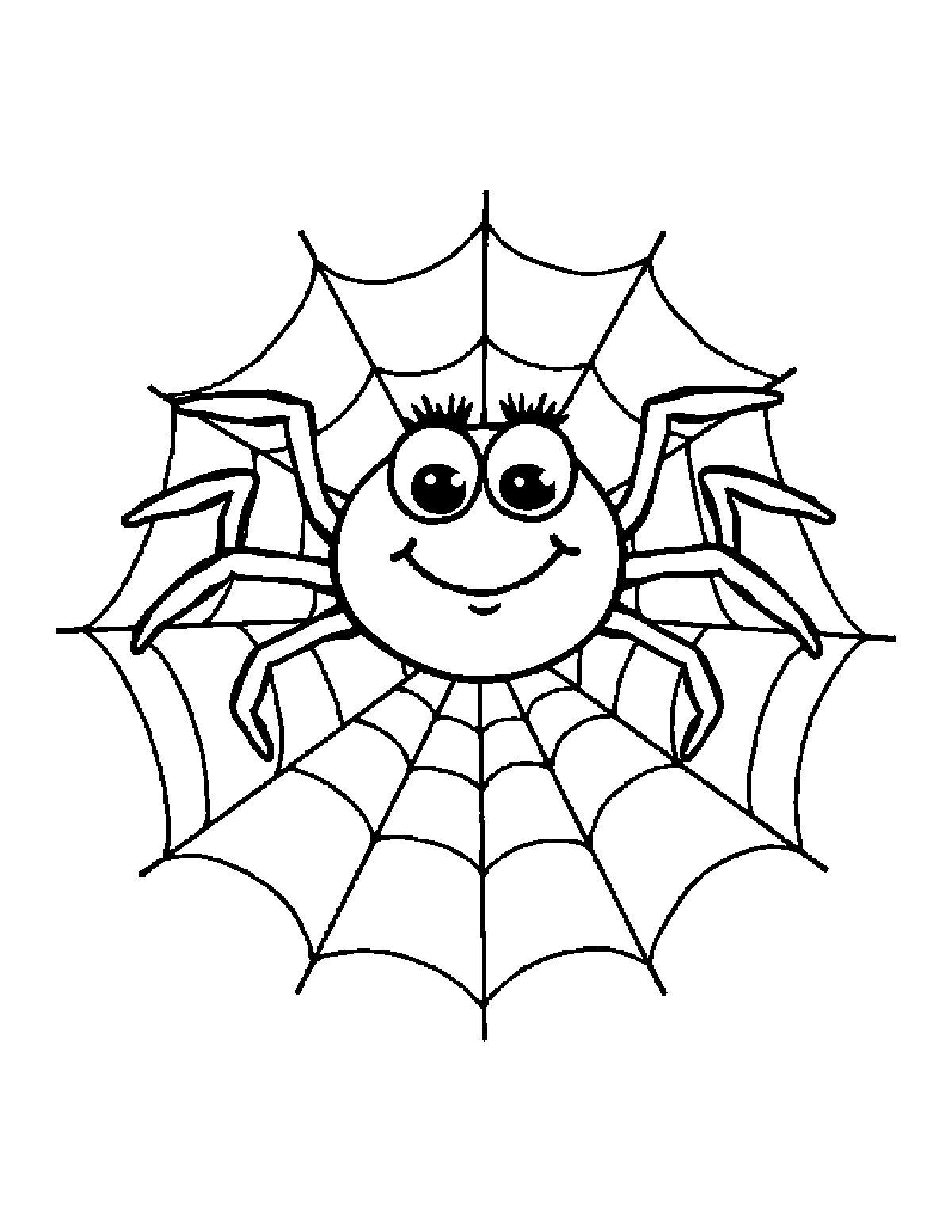 Coloring page of a smiling spider with big eyes in the middle of a round web