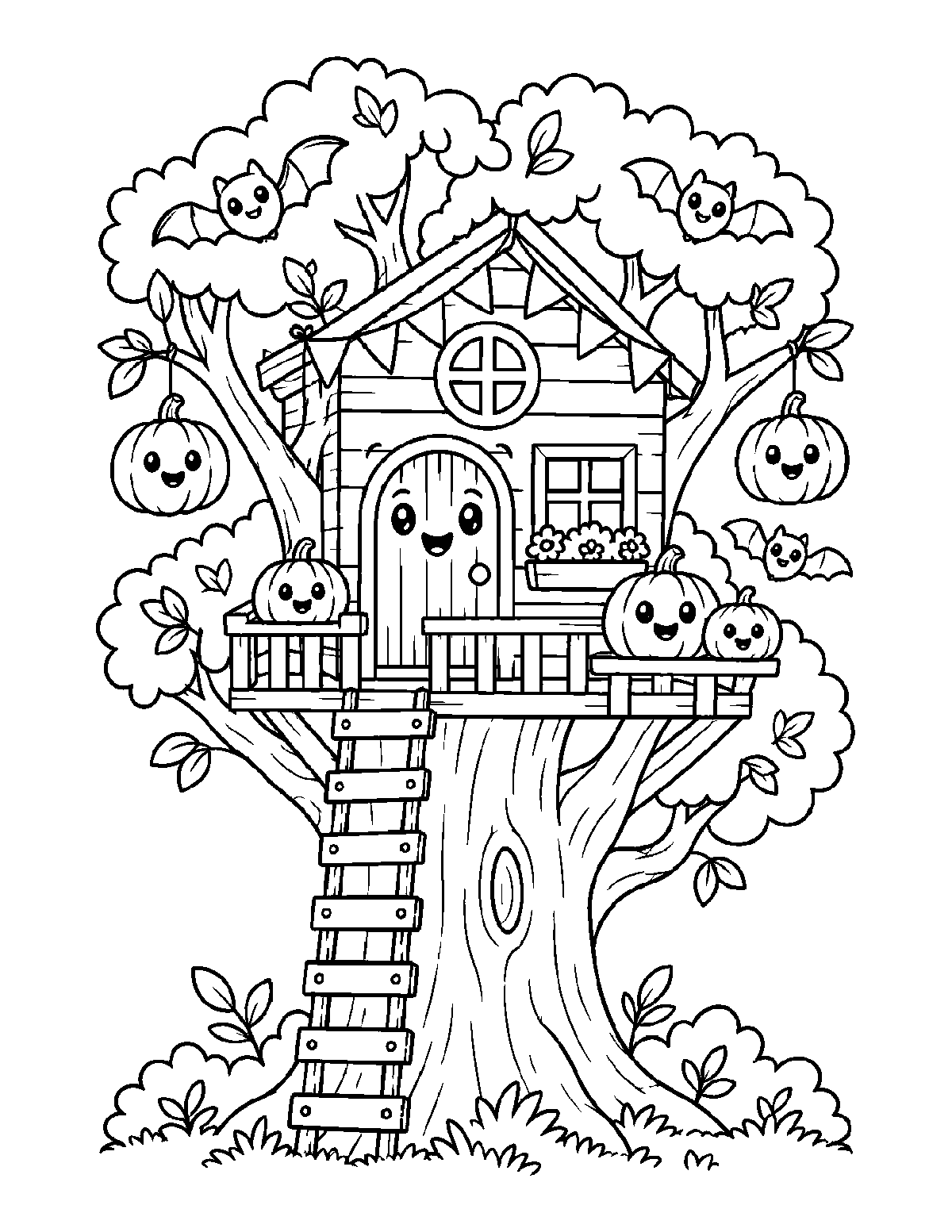 Coloring page of a smiling treehouse in a tree with pumpkins, bunting, bats, leaves, a ladder, and a porch