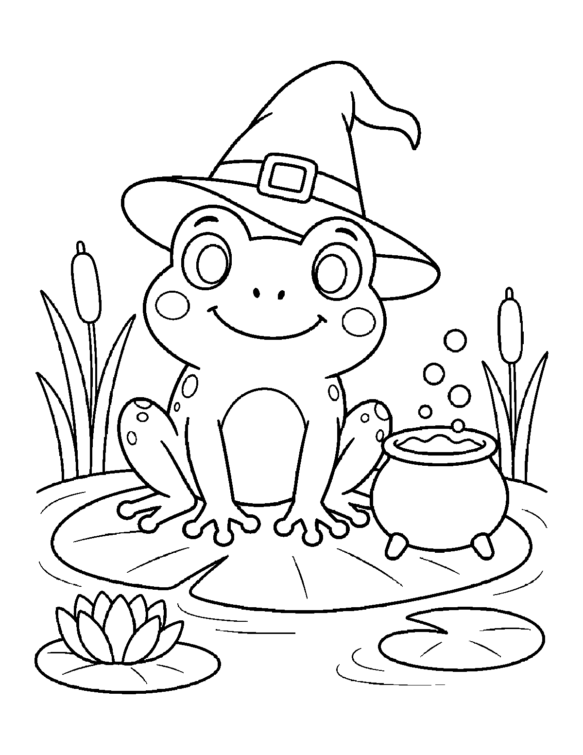 Coloring page of a smiling frog wearing a witch hat on a lily pad beside a small cauldron