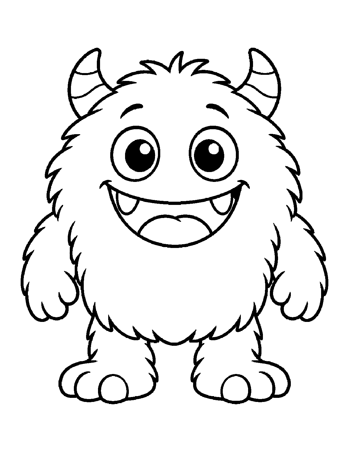 Coloring page of a smiling round fuzzy monster with two horns, big eyes, and chunky feet