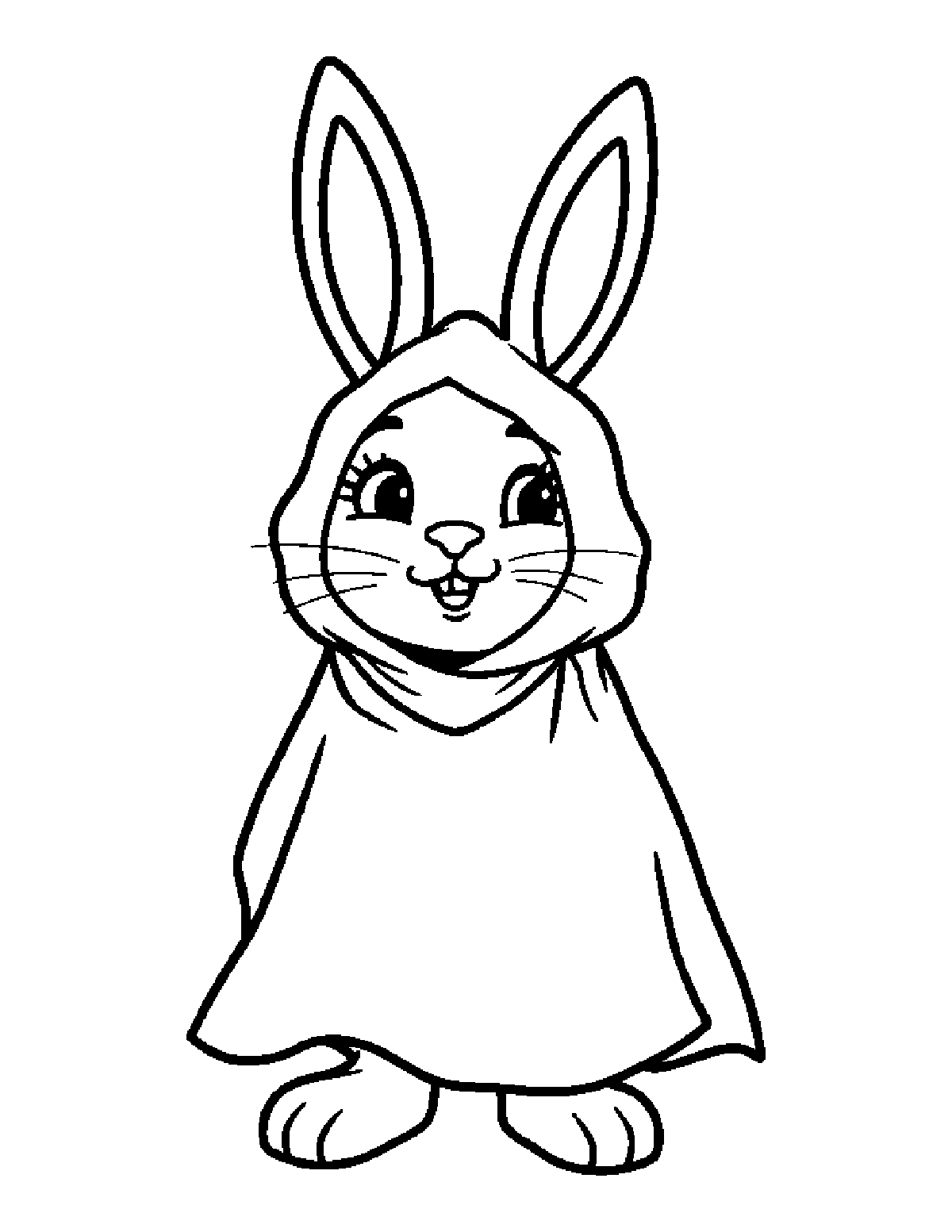 Coloring page of a bunny wearing a bedsheet ghost costume with its ears poking out