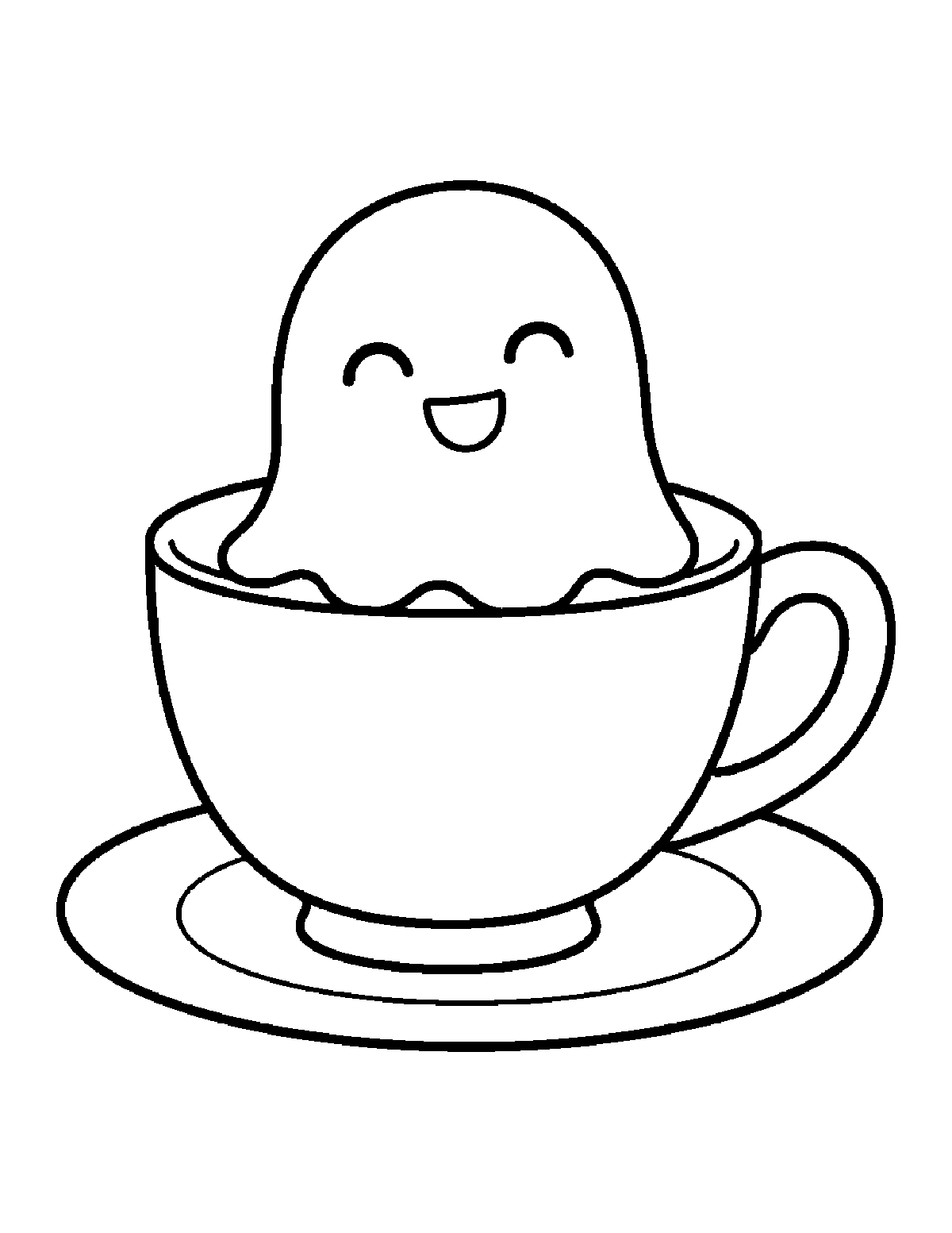 Coloring page of a smiling round ghost sitting in a teacup on a saucer