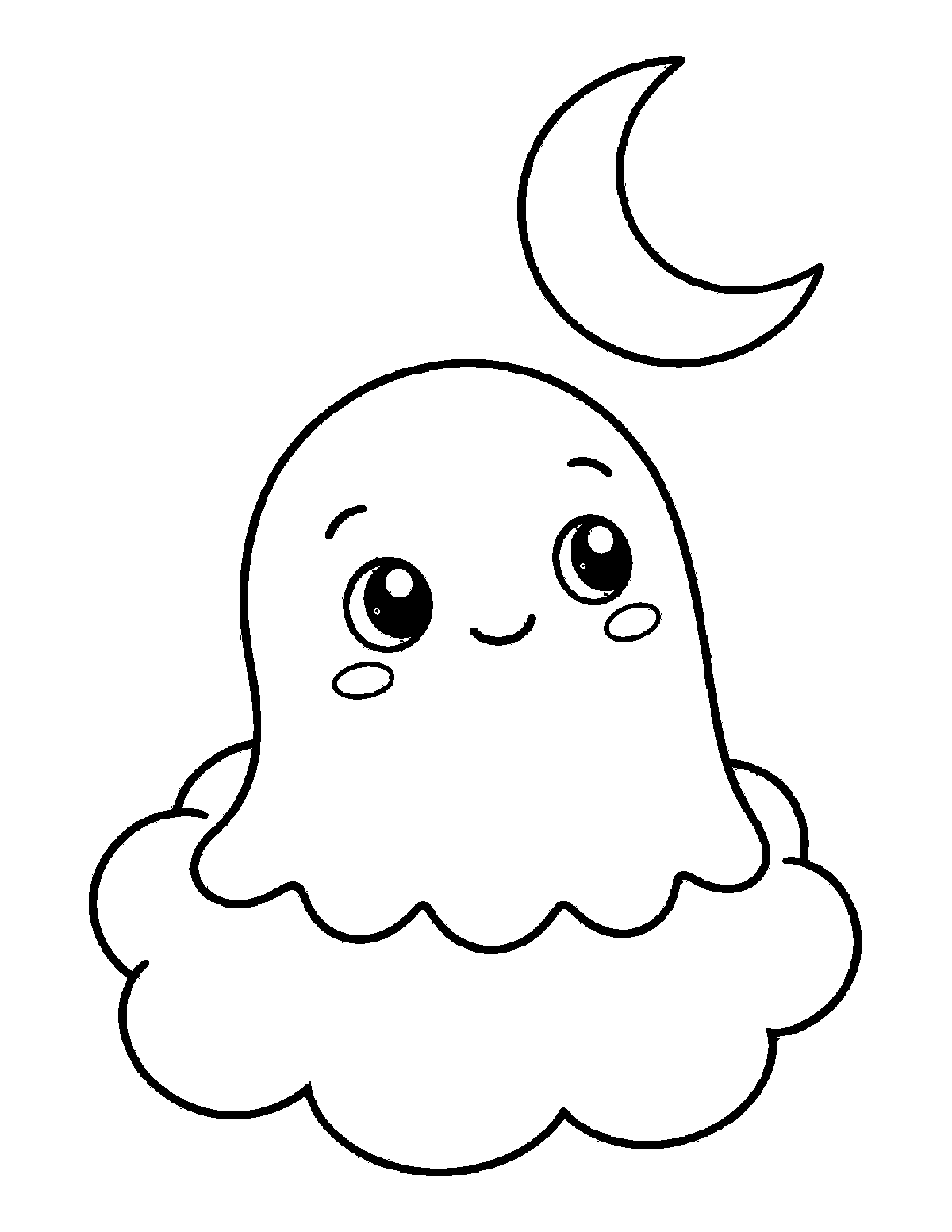 Coloring page of a smiling round ghost sitting on a fluffy cloud under a crescent moon