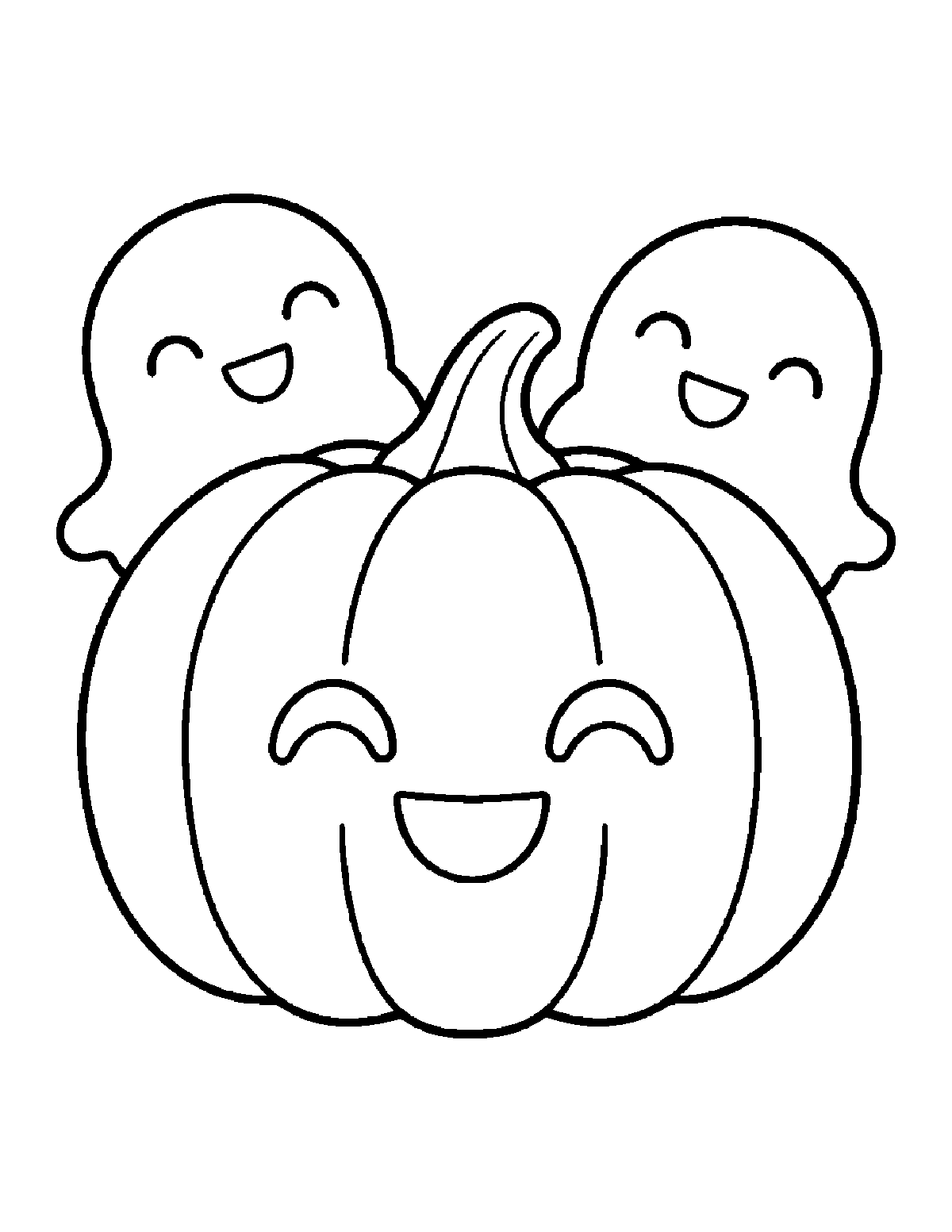 Coloring page of two smiling ghosts peeking from behind a smiling pumpkin