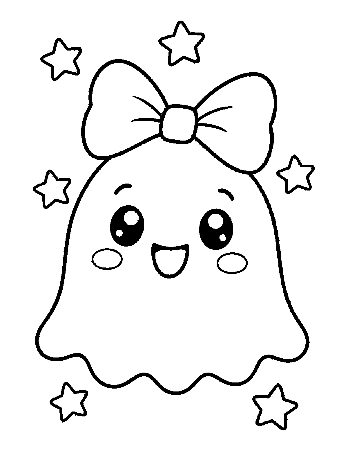 Coloring page of a smiling round ghost wearing a large bow with stars around it