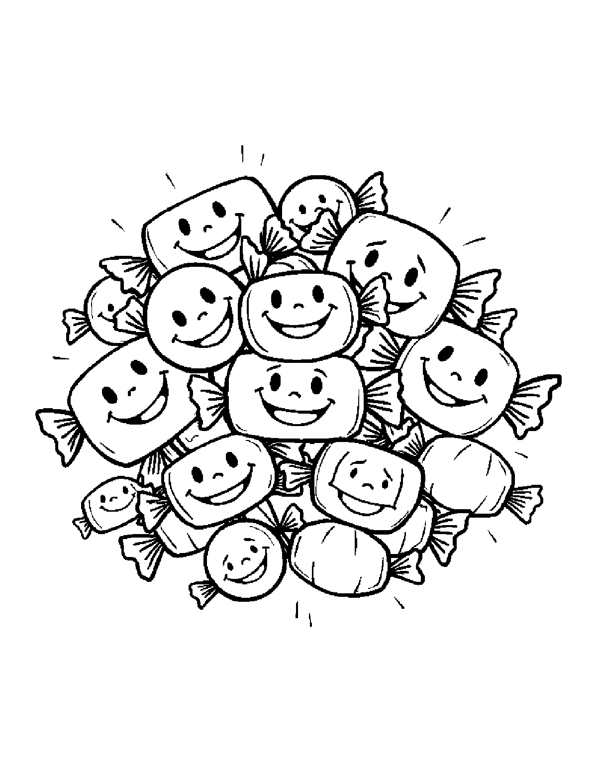 Coloring page of a big pile of wrapped Halloween candies, each one with a smiling face