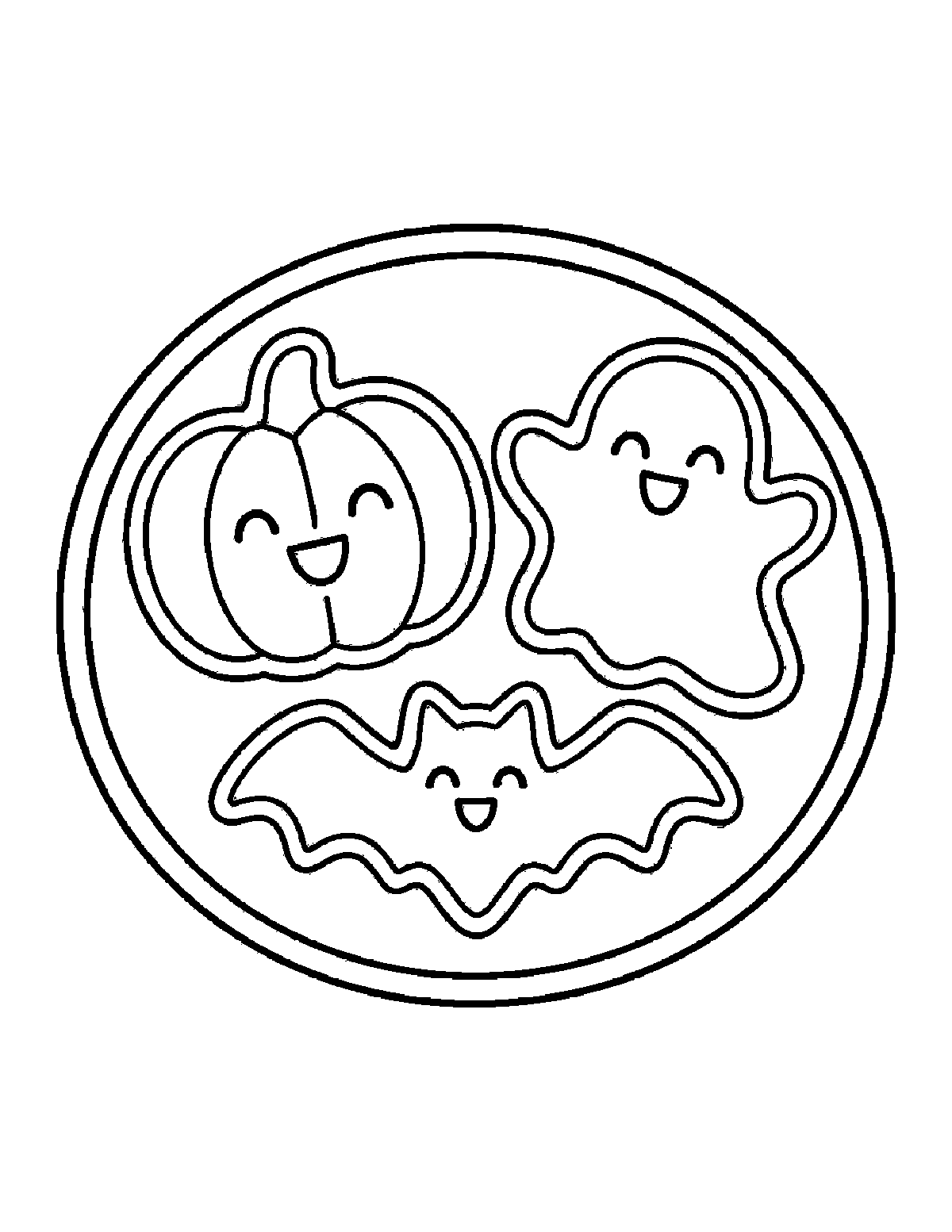Coloring page of a plate with smiling pumpkin, ghost, and bat shaped Halloween cookies