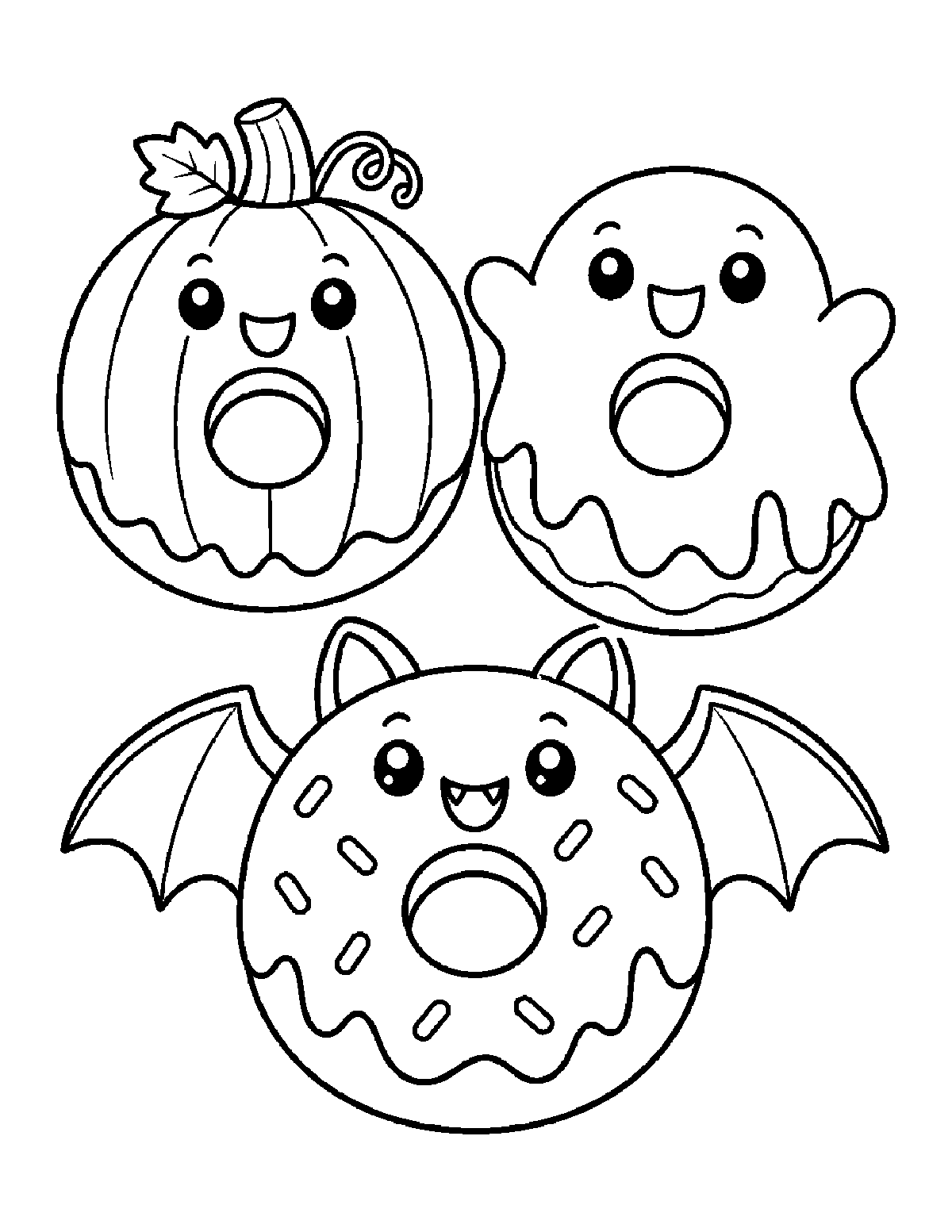 Coloring page of three smiling Halloween donuts decorated as a pumpkin, a ghost, and a bat