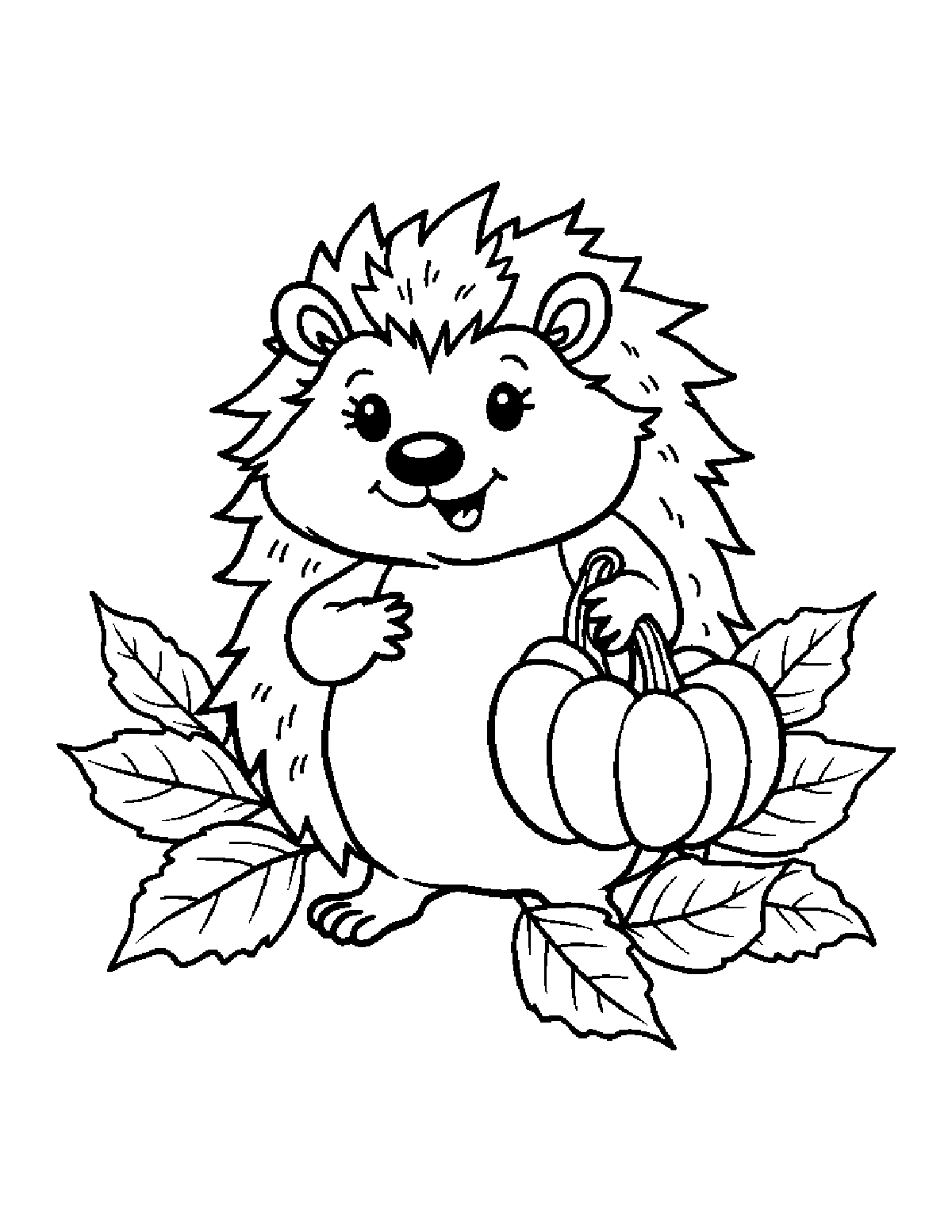 Coloring page of a smiling hedgehog holding a small pumpkin among autumn leaves