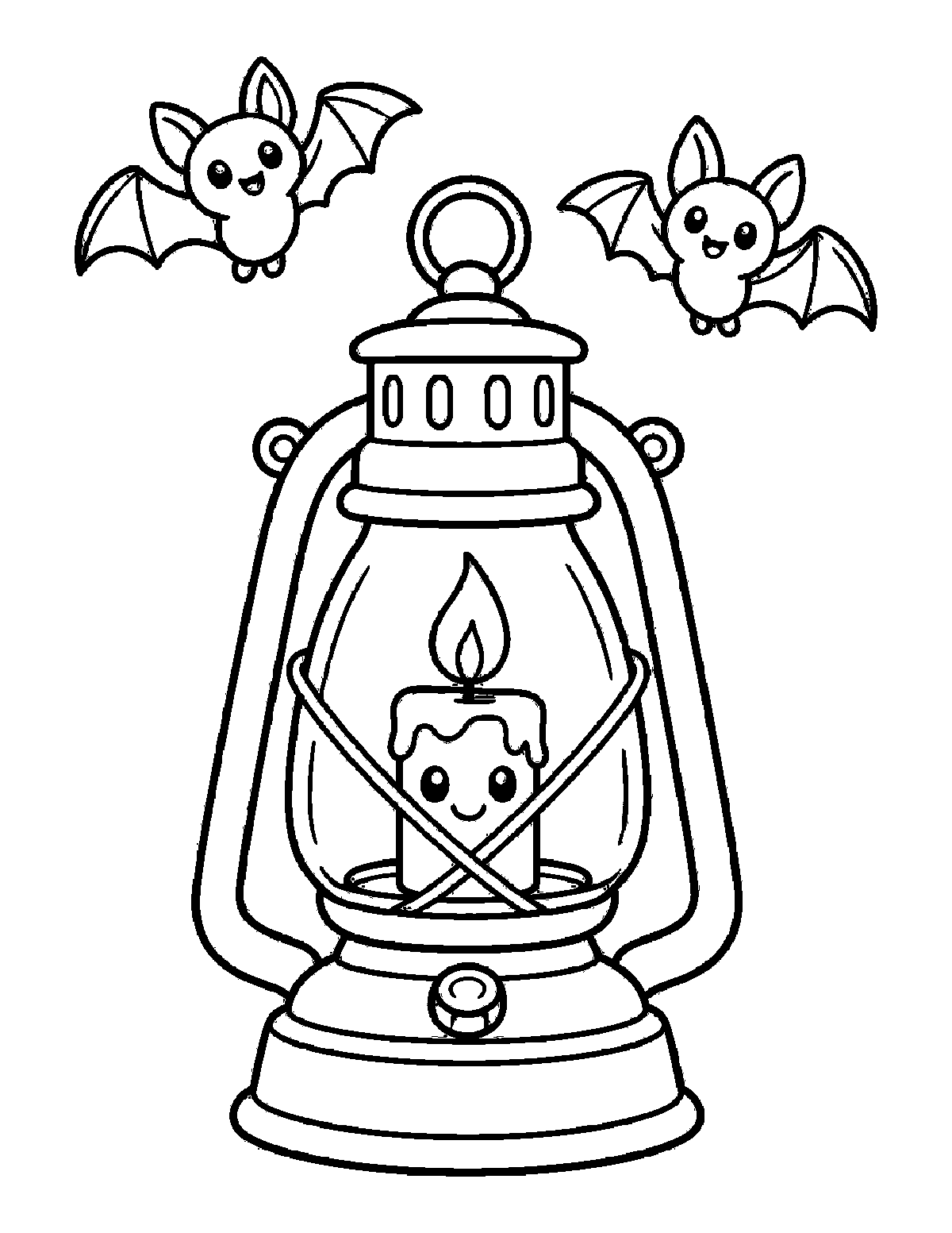 Coloring page of an old-fashioned lantern with a smiling candle inside and two smiling bats nearby