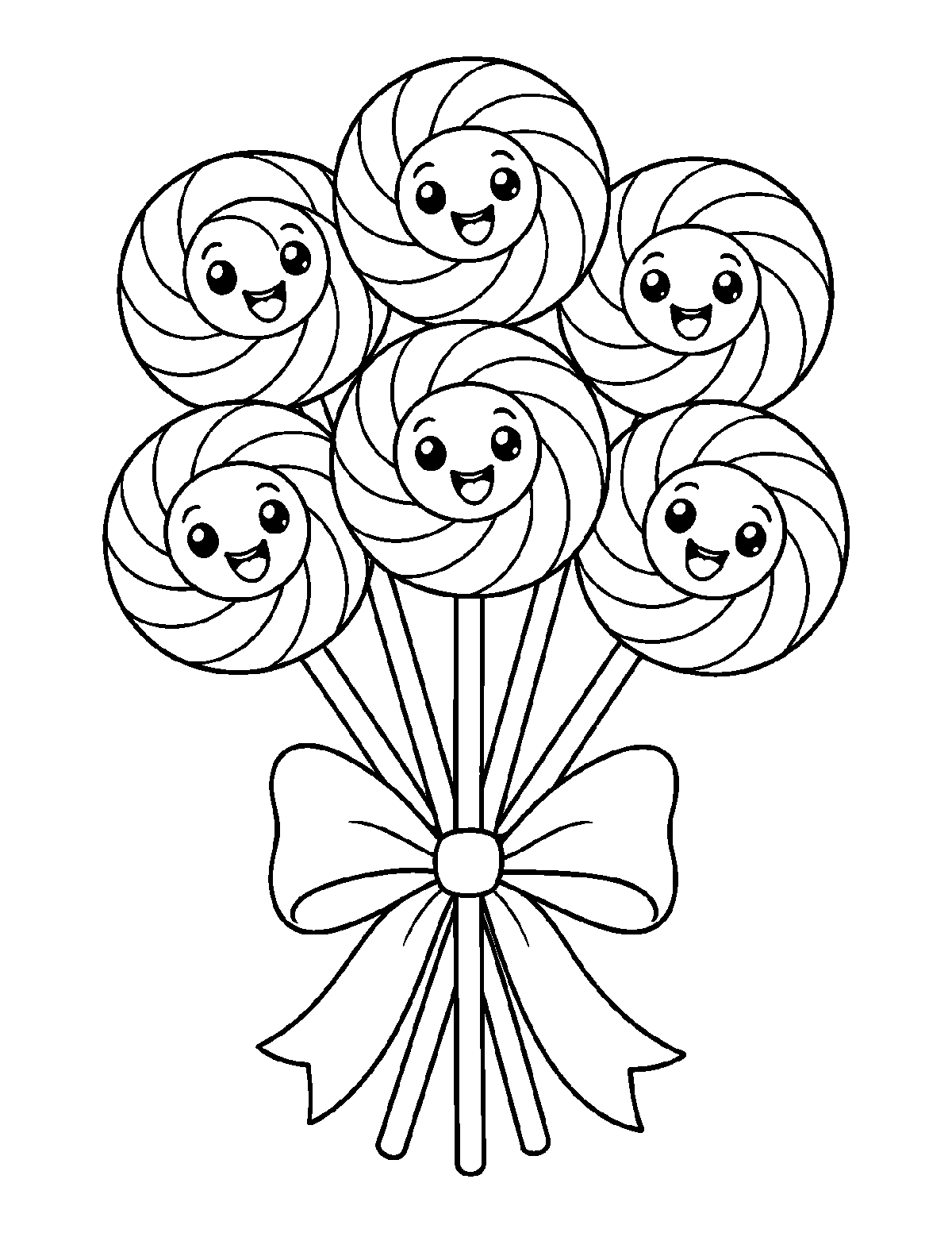 Coloring page of six smiling swirl lollipops tied together with a large bow