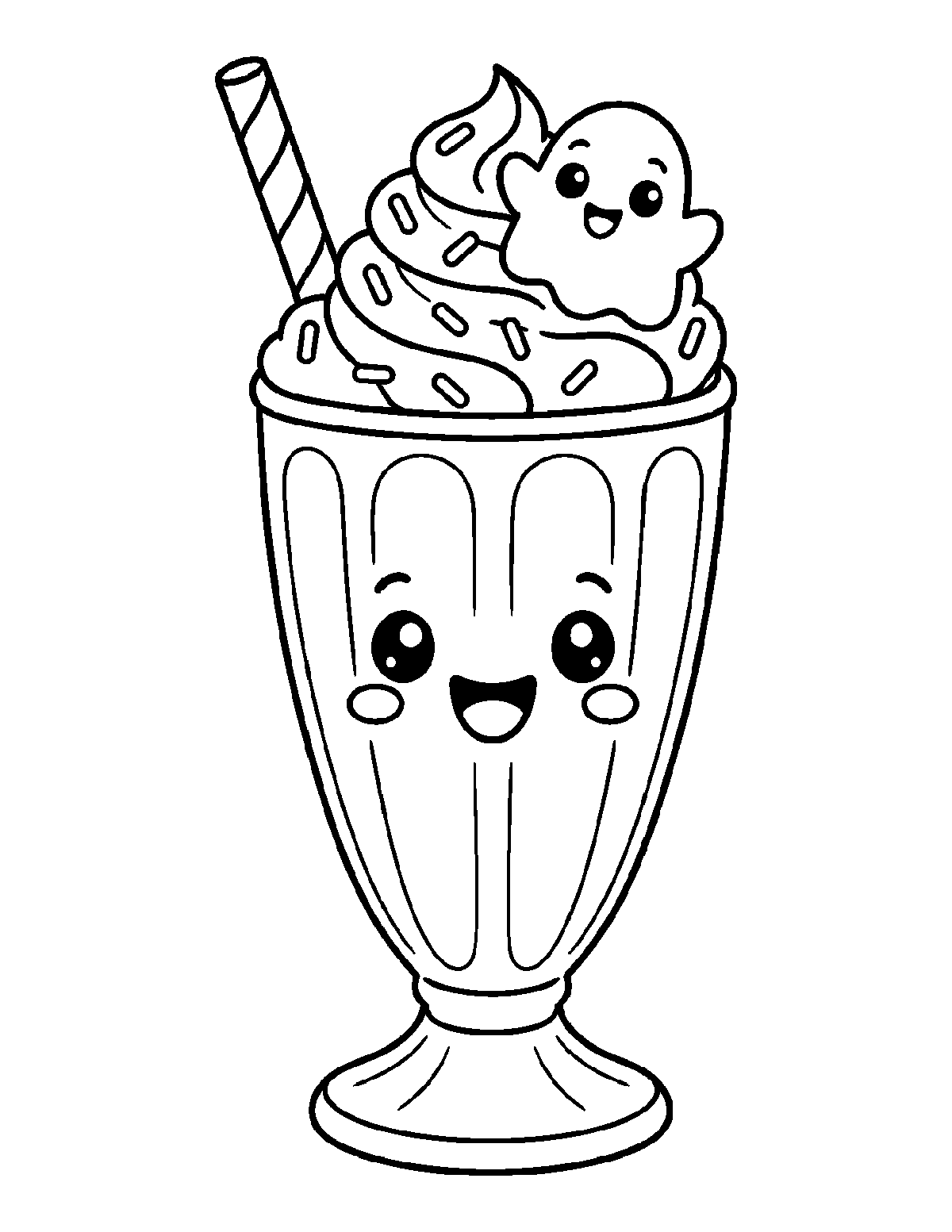 Coloring page of a smiling milkshake glass with whipped cream, sprinkles, a striped straw, and a ghost marshmallow