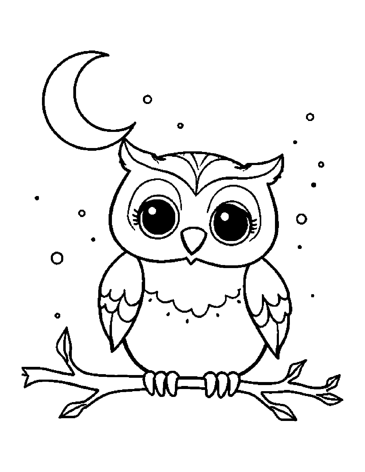 Coloring page of a big-eyed owl sitting on a branch under a crescent moon