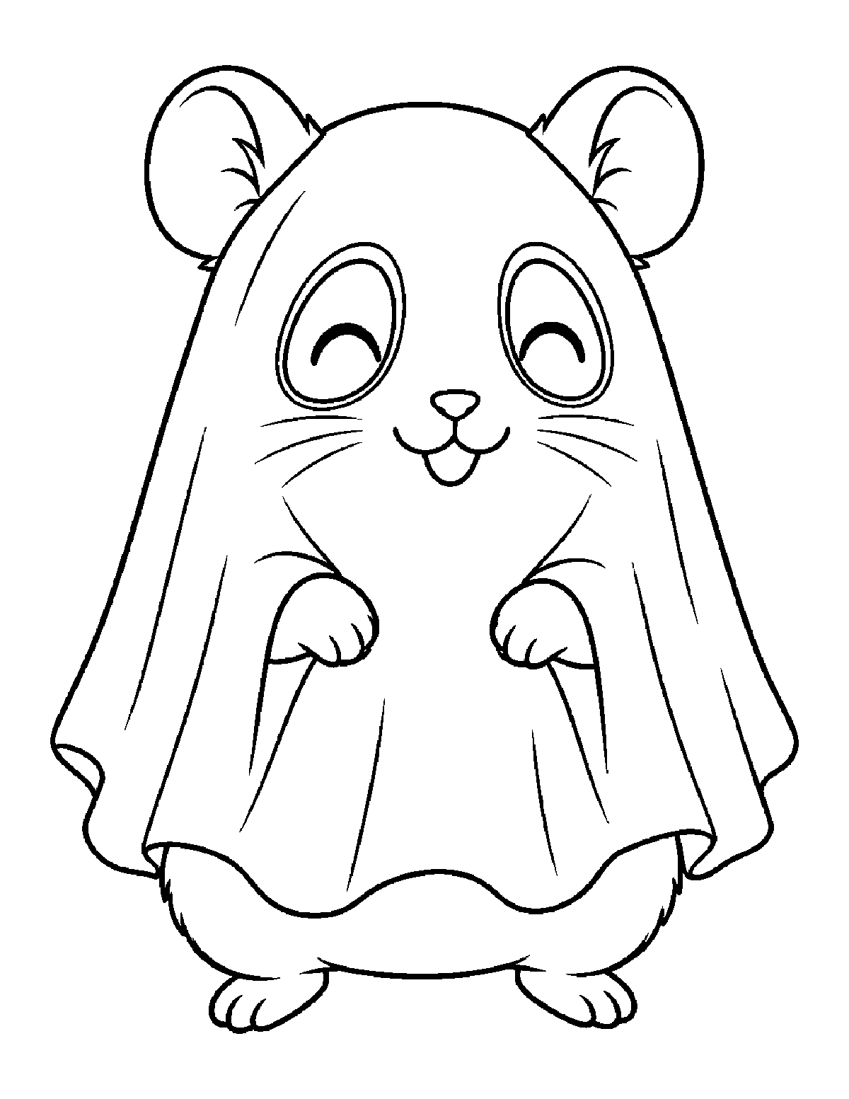 Coloring page of a smiling hamster wearing a draped ghost sheet costume with eye holes