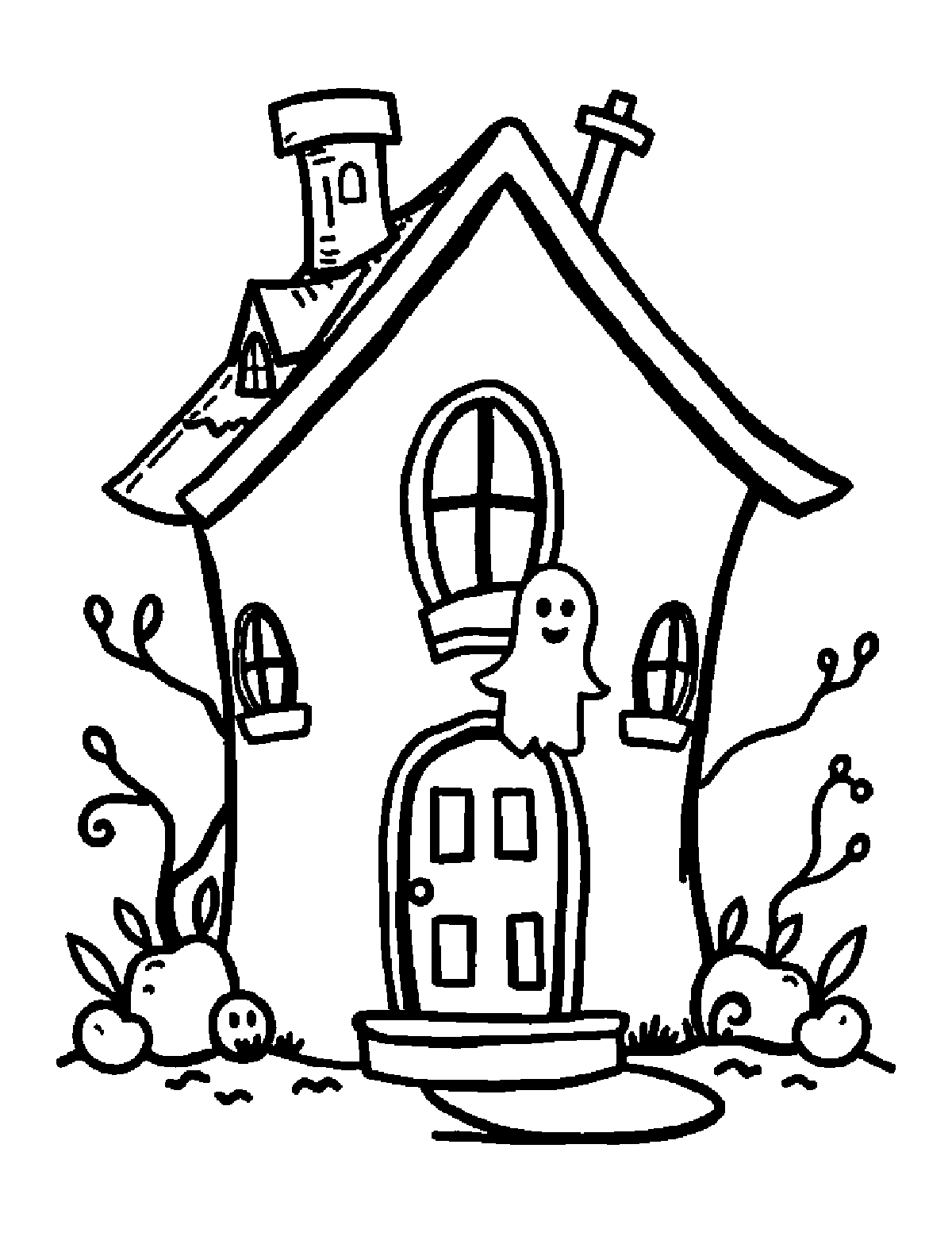 Coloring page of a crooked little house with round windows and a friendly ghost at the door