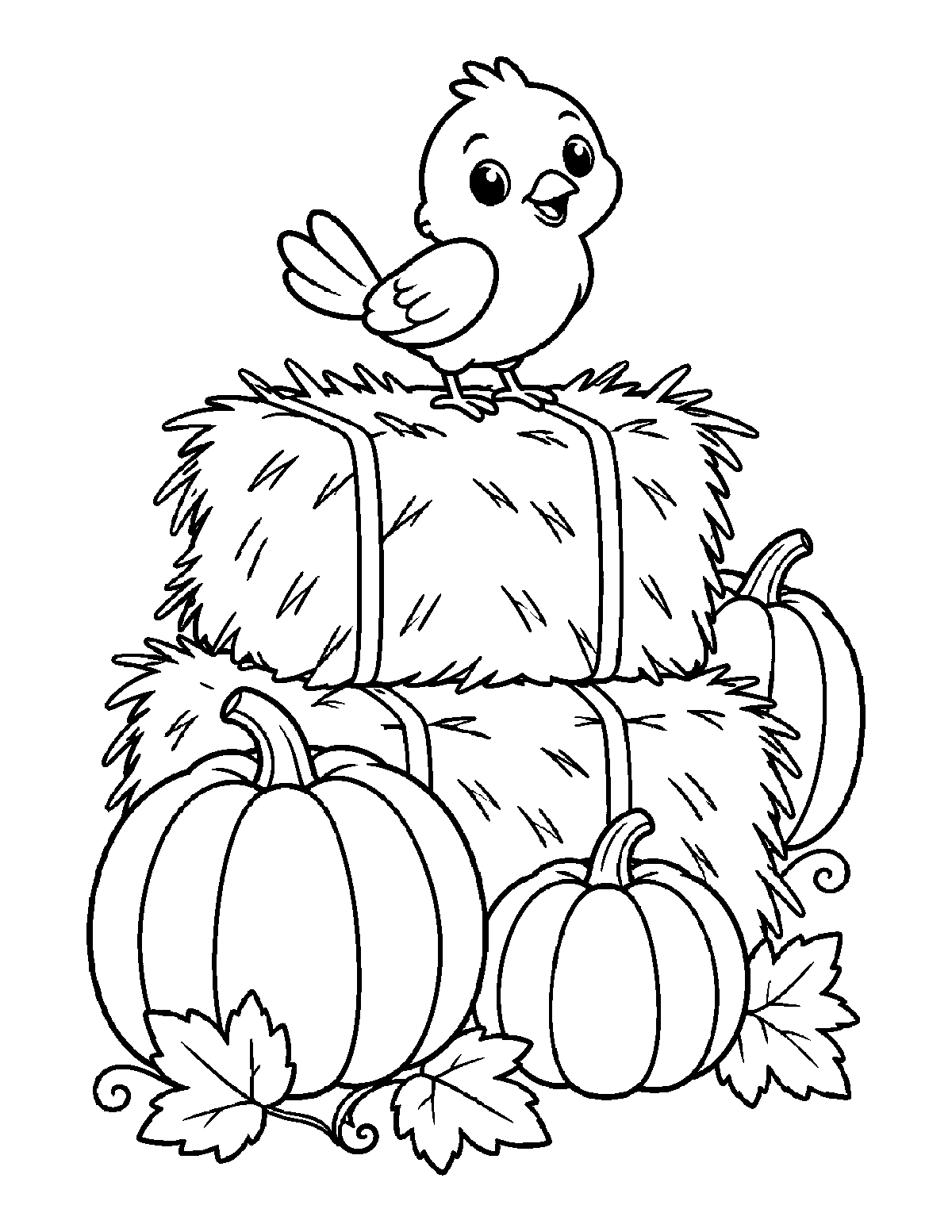 Coloring page of a small bird perched on stacked hay bales with pumpkins and autumn leaves
