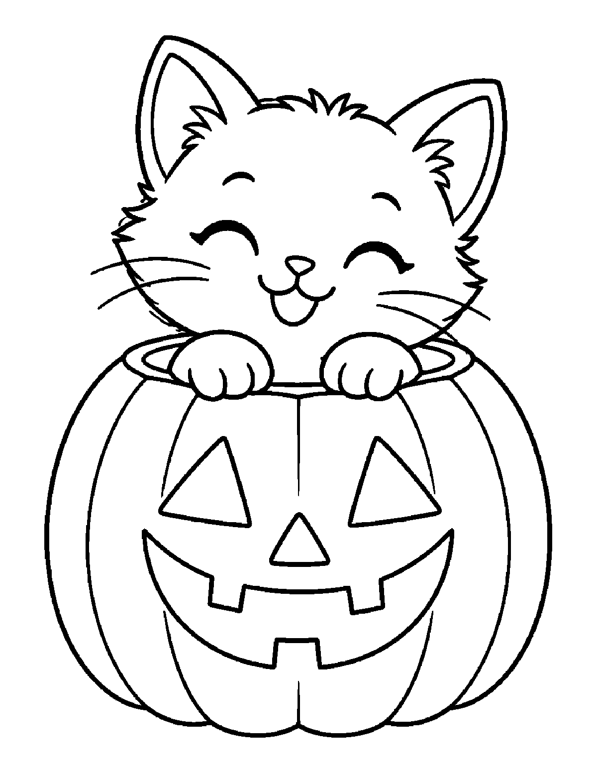 Coloring page of a smiling kitten peeking out of a carved pumpkin