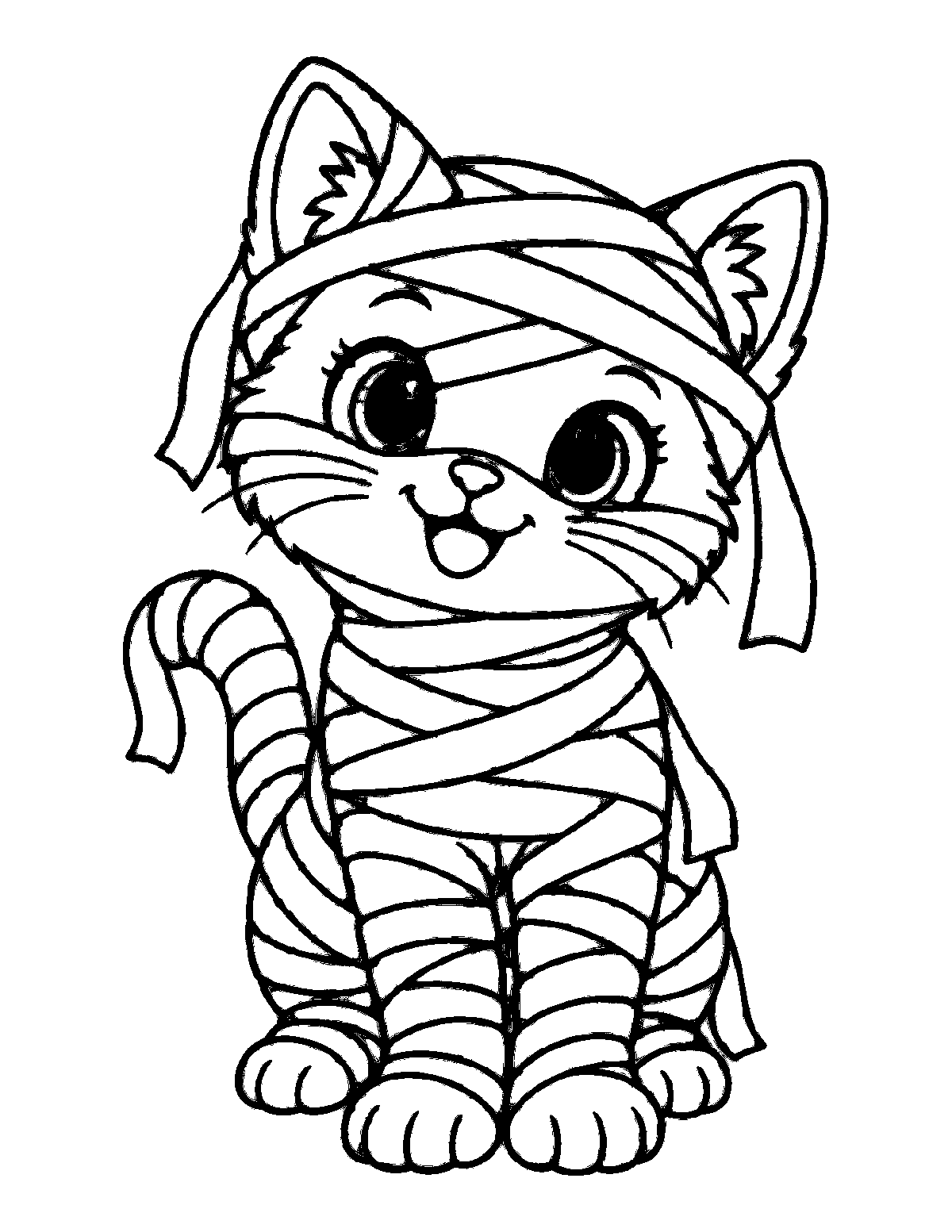 Coloring page of a smiling kitten wrapped in mummy bandages with big ears and wide eyes