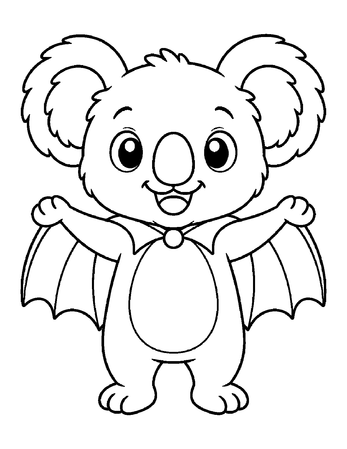 Coloring page of a smiling baby koala wearing bat wings