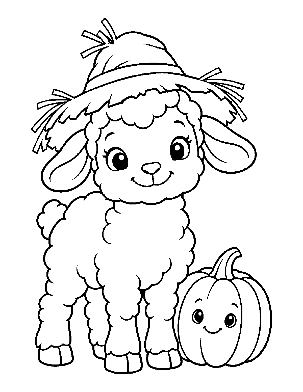 Coloring page of a smiling lamb wearing a straw scarecrow hat beside a smiling pumpkin
