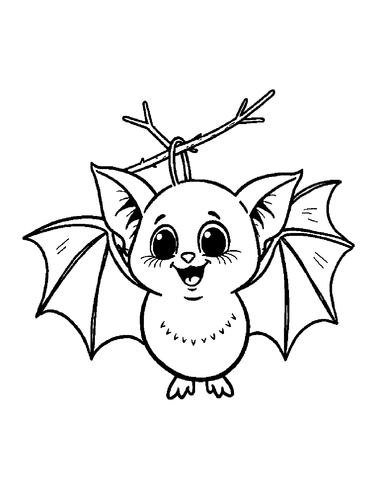 Coloring page of a baby bat with big eyes hanging from a twig